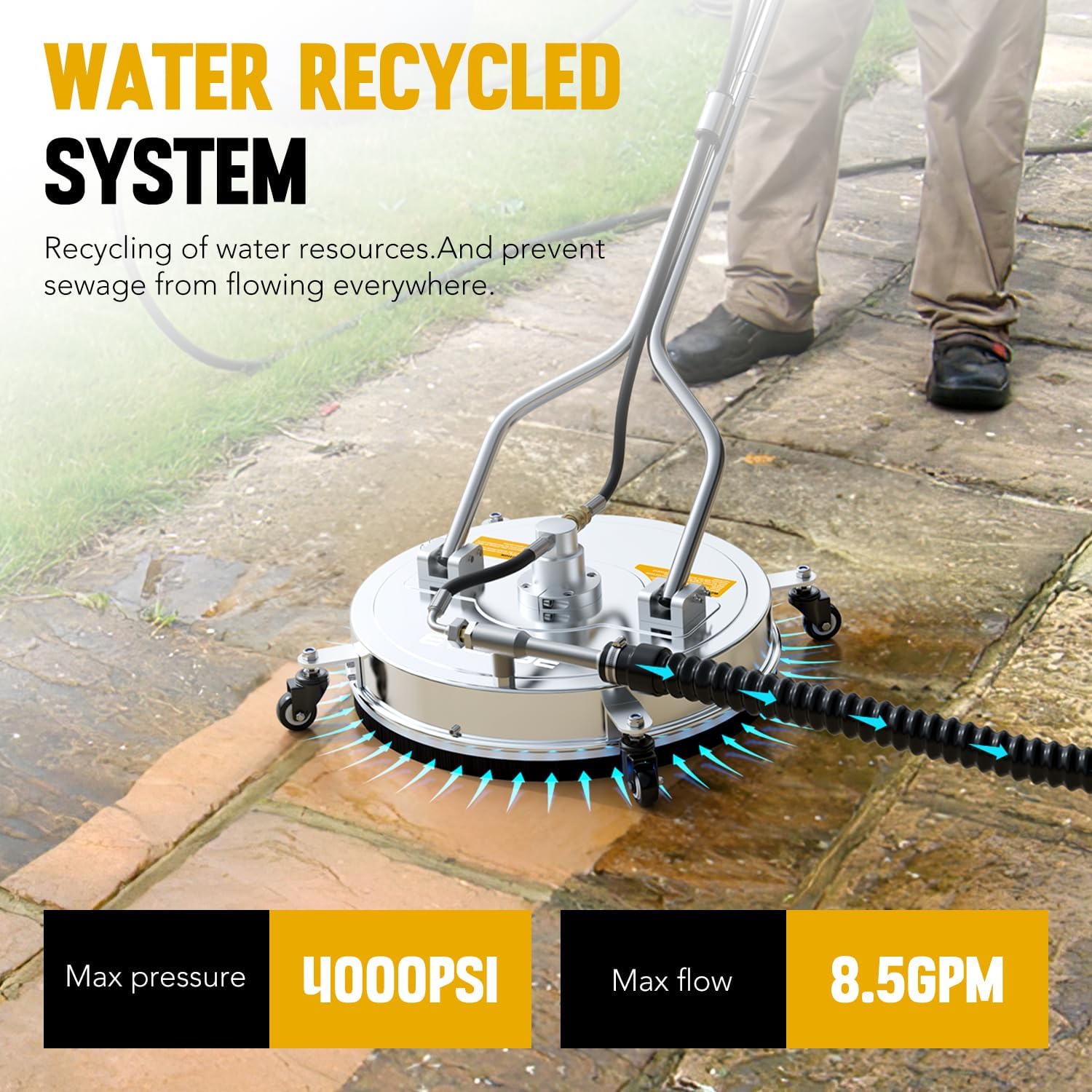 EVEAGE 50.8 cm Hochdruckreiniger Oberflächenreiniger Doppelgriff mit Wasserrückgewinnung,mit 4 Rädern, Edelstahlgehäuse Hochdruckreiniger Zubehör mit 2 Verlängerungsstab, 4000 PSI, EP004