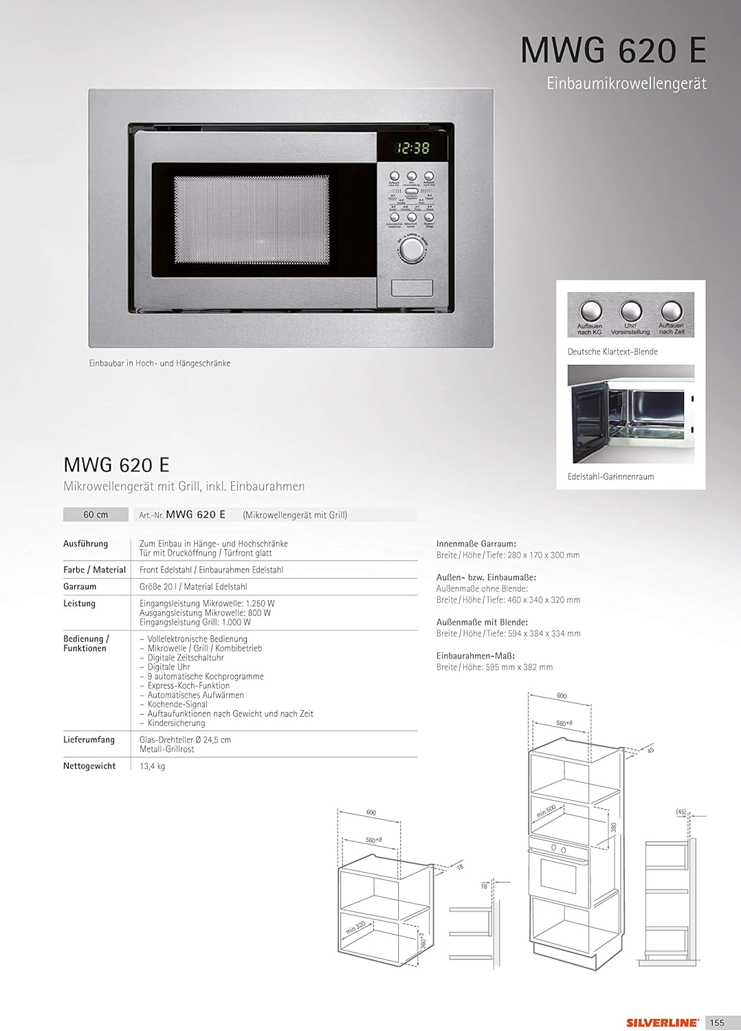SILVERLINE MWG 620 E Einbaumikrowellengerät/Mikrowelle (Einbau) / 59.4 cm/Einbaubar in Hoch- und Hängeschränke