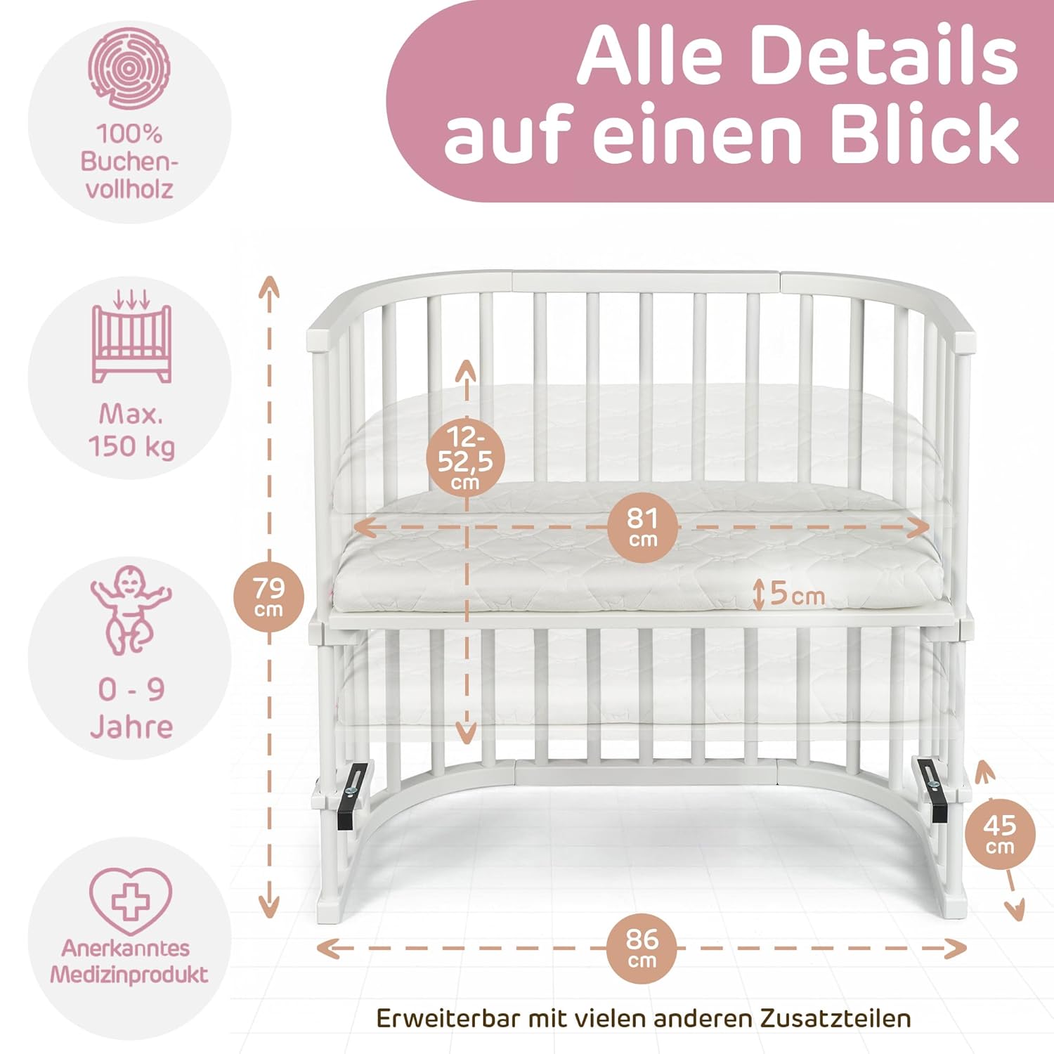 babybay Original Beistellbett aus massivem Buchenholz / kompakt & verwandelbar / Kinderbett Höhe stufenlos verstellbar & umweltfreundlich / mitwachsendes Babybett (weiß lackiert) / inkl. Matratze