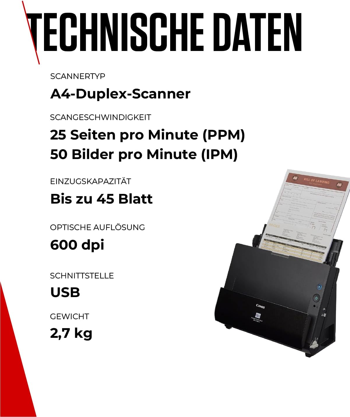 Canon DR-C225 II - imageFORMULA Dokumentenscanner (Duplex, Einzug, Farbe, 600dpi, 25 Seiten/Min, PDF OCR, kompakt, schwarz)