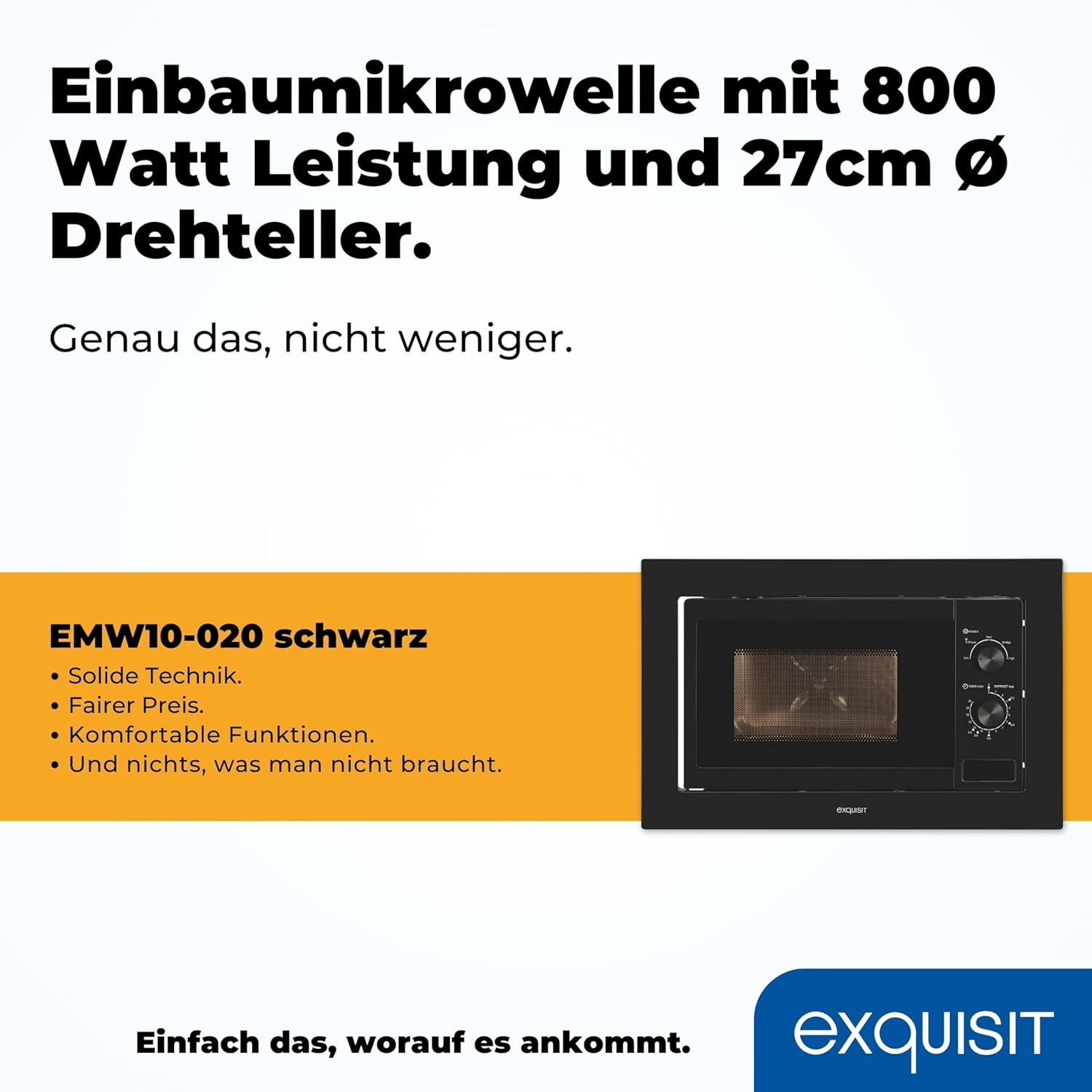 Exquisit Einbaumikrowelle EMW10-020 inox | 800 W Leistung | Kinderleichte Bedienung | Einfacher Einbau | Timer | Drehteller 27cm | Mikrowelle 60 cm | Einbaugerät | Edelstahl