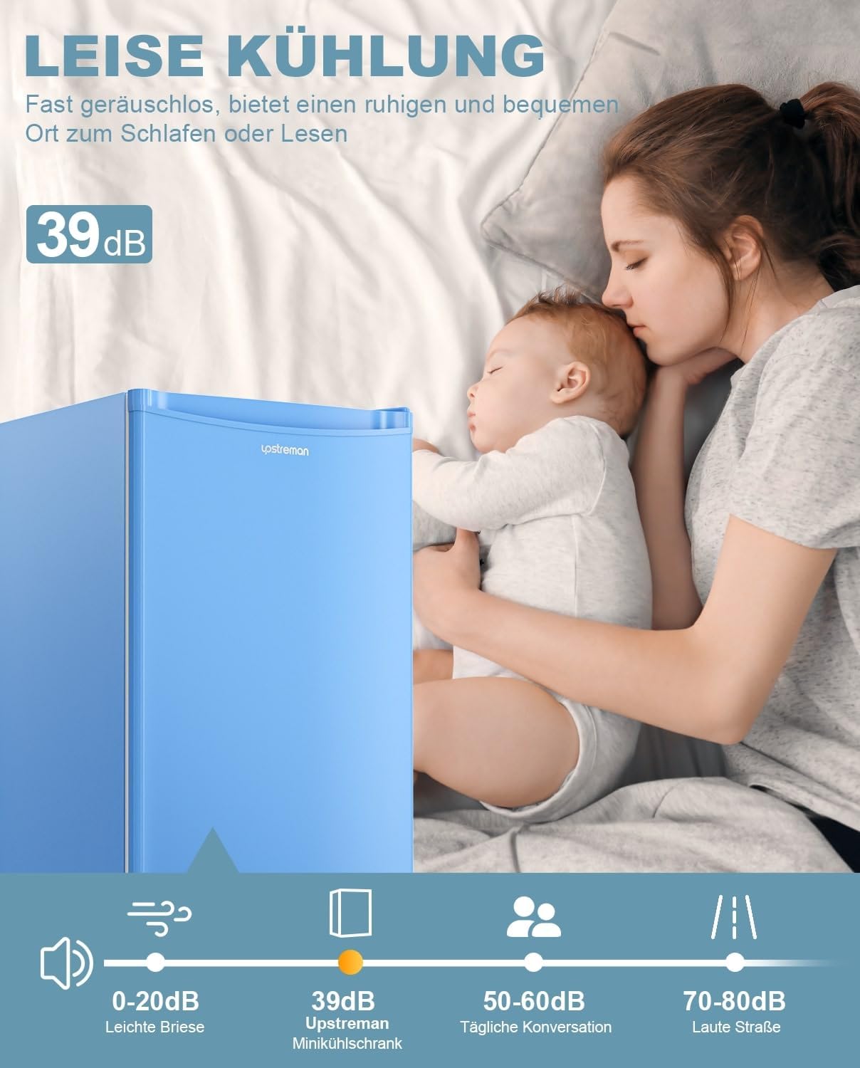 Upstreman 91L Kühlschrank mit Gefrierfach,Kleiner Kühlschrank mit Gemüsefach und Gefrierfach, Einstellbarem Thermostat, Mini-Kühlschrank für Wohnheim, Büro, Schlafzimmer, Weiß-BR321