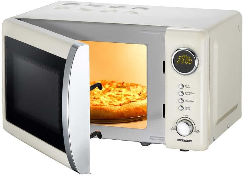 Melissa 16330109 Classico Mikrowelle Mikrowellenofen Retro-Design Metall-Gehäuse, 20 Liter Garraum, 700 Watt Mikrowellenleistung, Timer, 5 Leistungsstufen, Rot Metallic