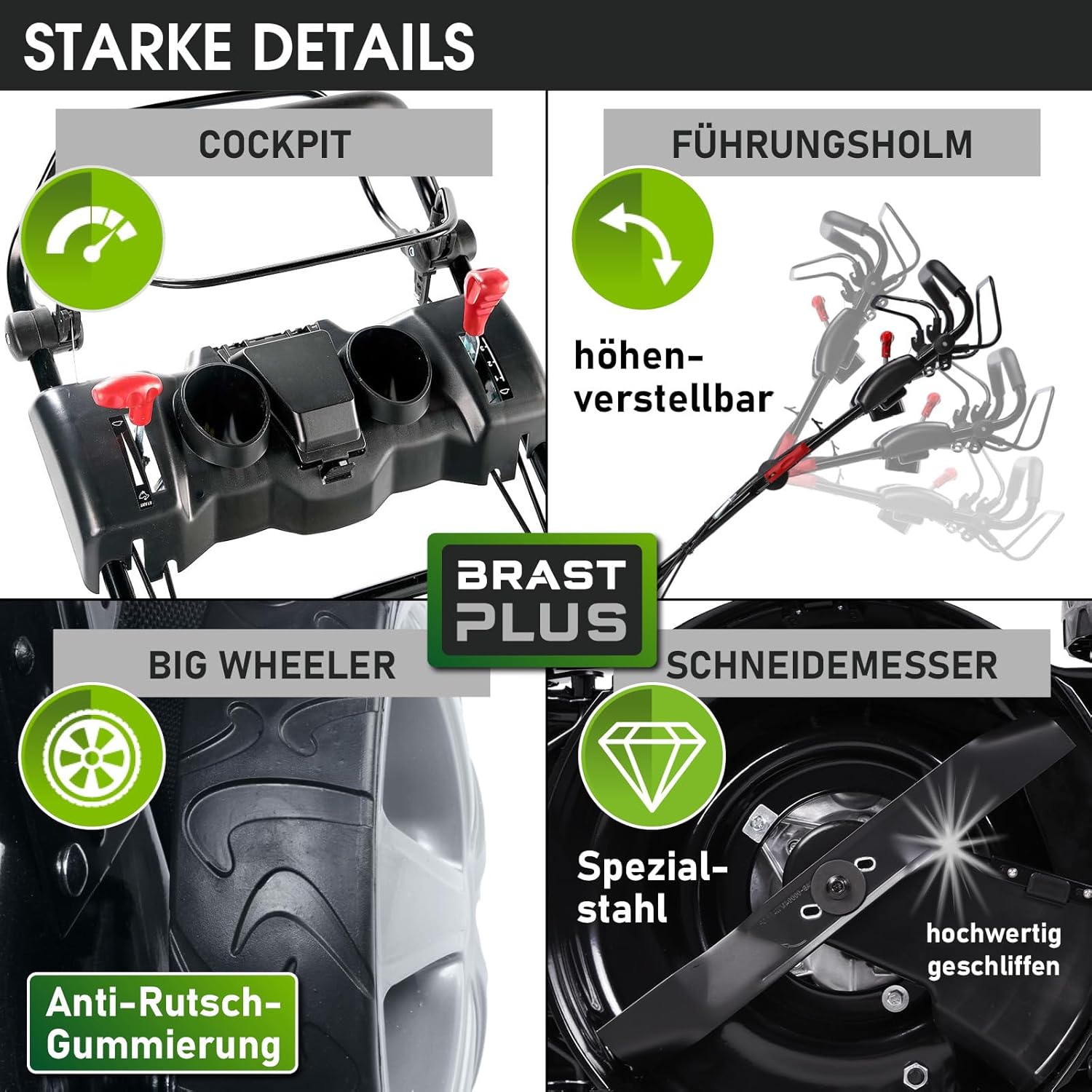 BRAST Benzin Rasenmäher mit Antrieb | 5,2kW (7PS) | 55cm Schnittbreite | viele Modelle | TÜV | 30-80mm Schnitthöhe | 60L Fangkorb | 4 Takt OHV Motor | Stahlgehäuse | Power