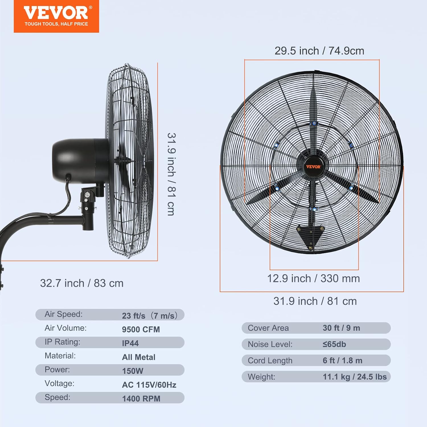 VEVOR Nebelventilator, 74,9 cm, wasserdichter Industrieventilator, 3 Geschwindigkeiten, 9500 CFM, gewerblicher oder privater Ventilator zur Kühlung von Lagerhäusern, Gewächshäusern, Werkstätten