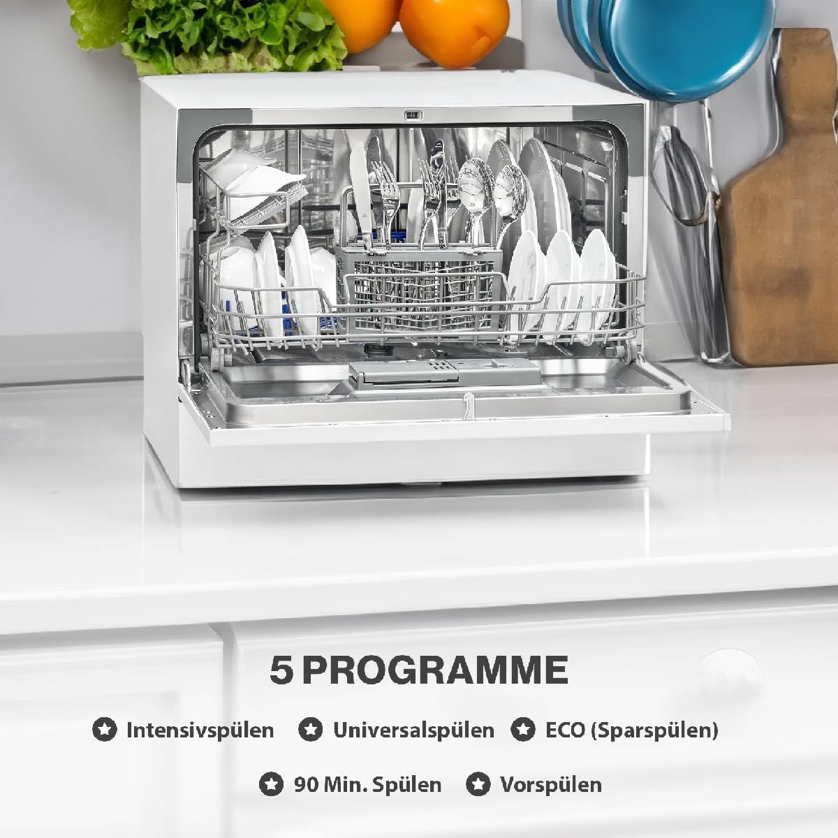 Bomann Mini Geschirrspüler mit Wasseranschluss | inkl. Schlauch | Tisch Geschirrspüler leise | Mini Spülmaschine für kleine Küchen/Camping | Spülmaschine klein m. Überlaufsicherung | TSG 7405 schwarz