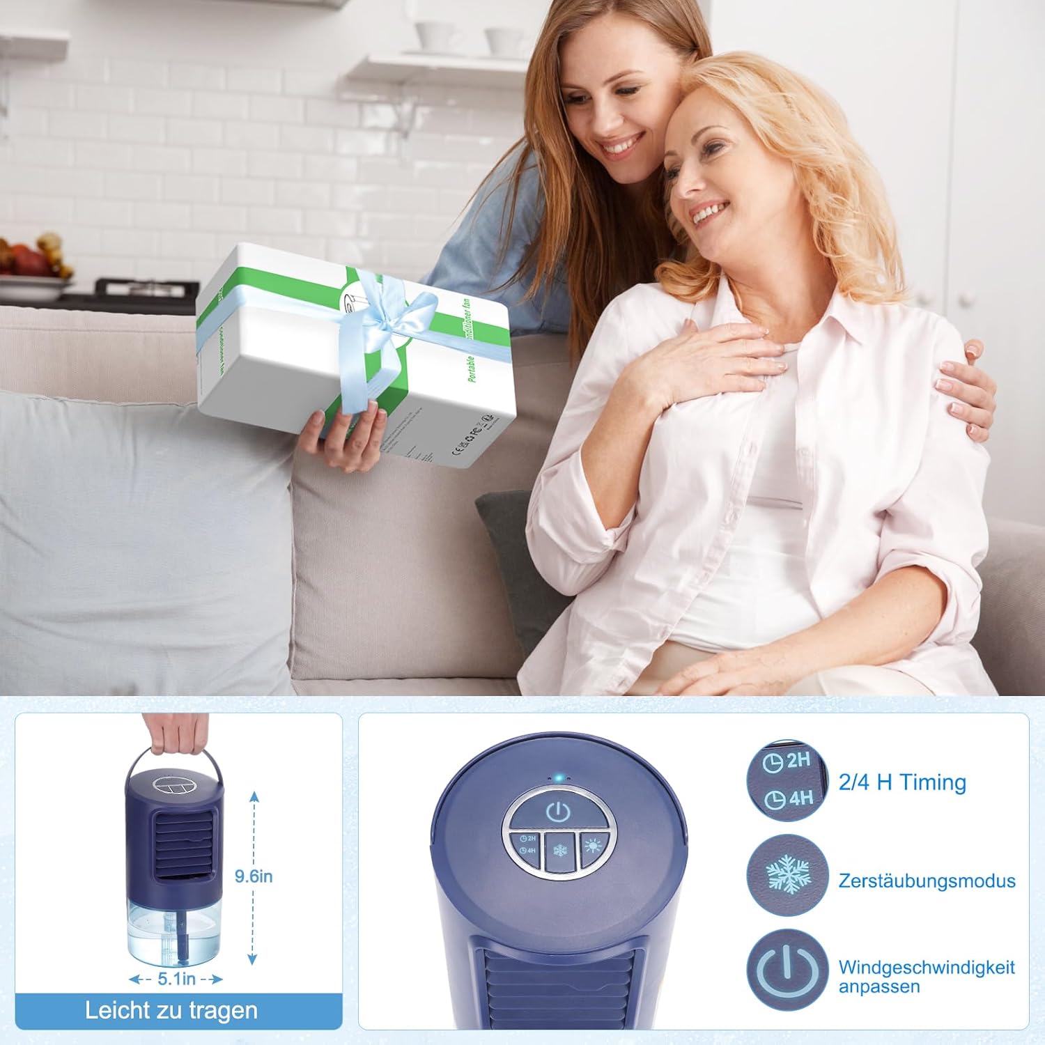 RenFox Klimagerte Mini Luftkühler, 5 in 1 Mobile Klimaanlage, Air Cooler Klimagert, Ventilator, Luftbefeuchter, 3 Geschwindigkeiten, 7 LED Luftkühler Klein für Zuhause und Büro