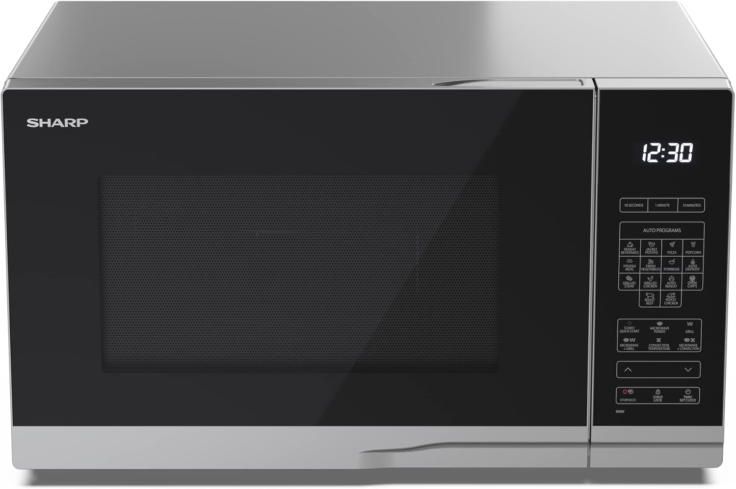 SHARP MG81ES Mikrowelle mit Grill (Mikrowelle: 900W, Grill: 1100W, 11 Leistungsstufen, Auftaufunktion, Abmessungen: 512x300x396cm, Emaille-Keramik-Garraum mit antibakteriellen Eigenschaften), silber