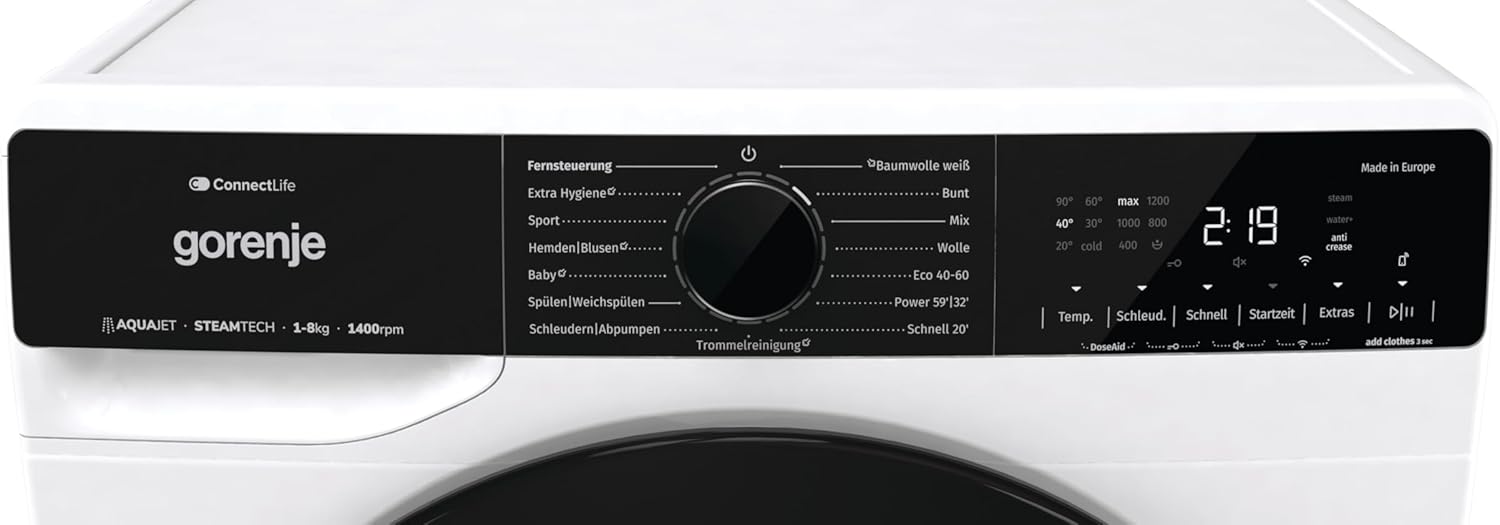 Gorenje WPNA 84 SATSWIFI Waschmaschine mit Dampffunktion / 8 kg / 1400 U/Slim Line/ConnectLife WiFi/Total AuaStop/Inverter PowerDrive Motor/Edelstahltrommel/Kindersicherung/EEK A