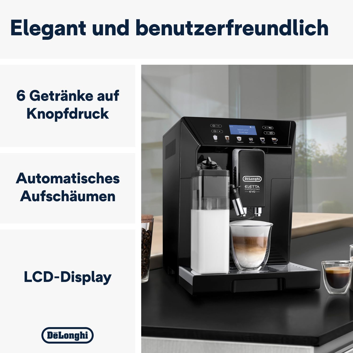 De'Longhi Eletta Evo ECAM 46.860.B Kaffeevollautomat mit LatteCrema Milchsystem, Cappuccino und Espresso auf Knopfdruck, LCD Display und Sensor-Touch-Tasten, schwarz