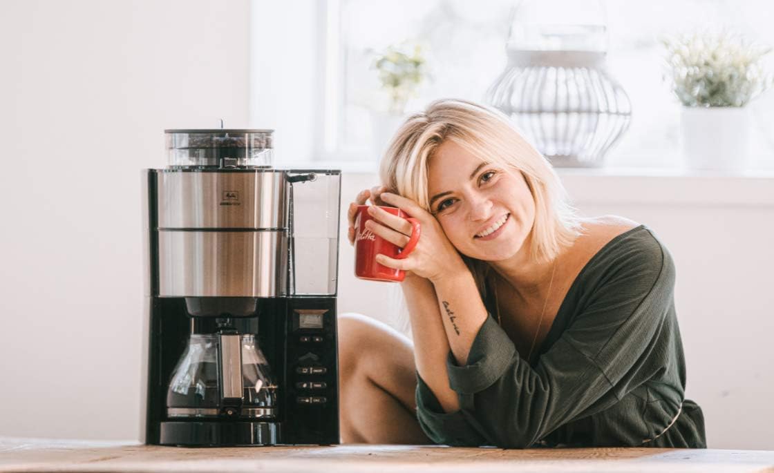 Melitta AromaFresh - Filterkaffeemaschine - mit Glaskanne - integriertes Mahlwerk - Timer Funktion - 10 Tassen - Pure Black