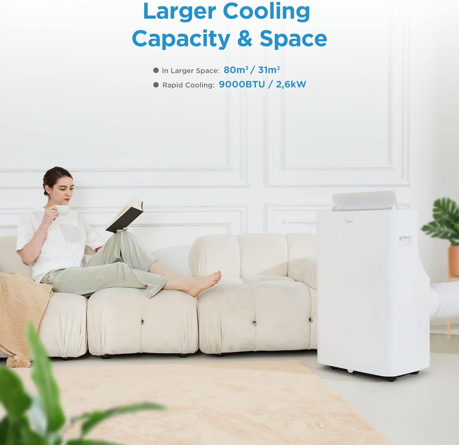Midea Mobiles Klimagerät Silent Cool 26 Pro WF, 9000 BTU 2,6kW, Kühlen&Ventilieren&Entfeuchten, Raumgröße bis 88m³(33㎡), APP-Steuerung/Alexa/Google Home/IFTTT, Mobile Klimaanlage mit Abluftschlauch