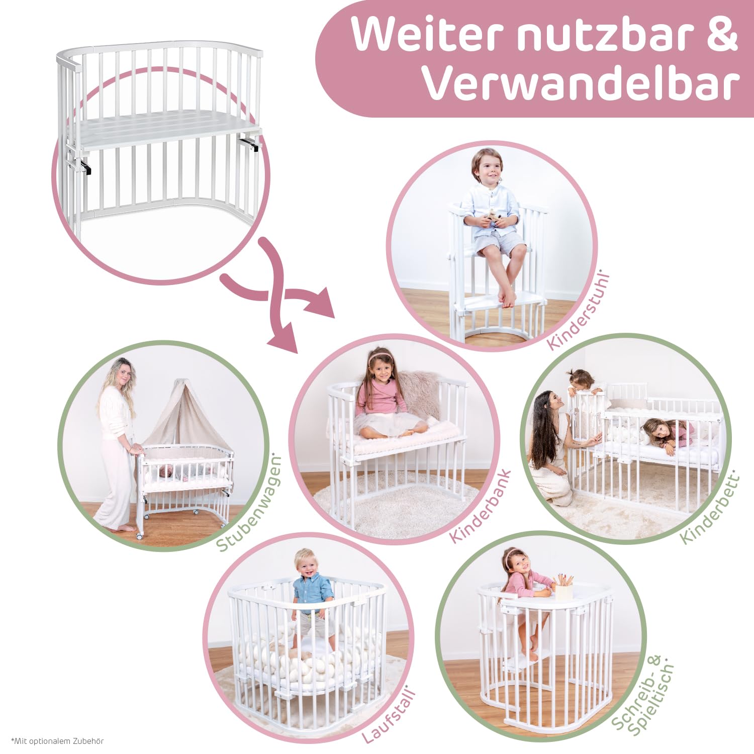 babybay Original Beistellbett aus massivem Buchenholz / kompakt & verwandelbar / Kinderbett Höhe stufenlos verstellbar & umweltfreundlich / mitwachsendes Babybett (weiß lackiert) / inkl. Matratze