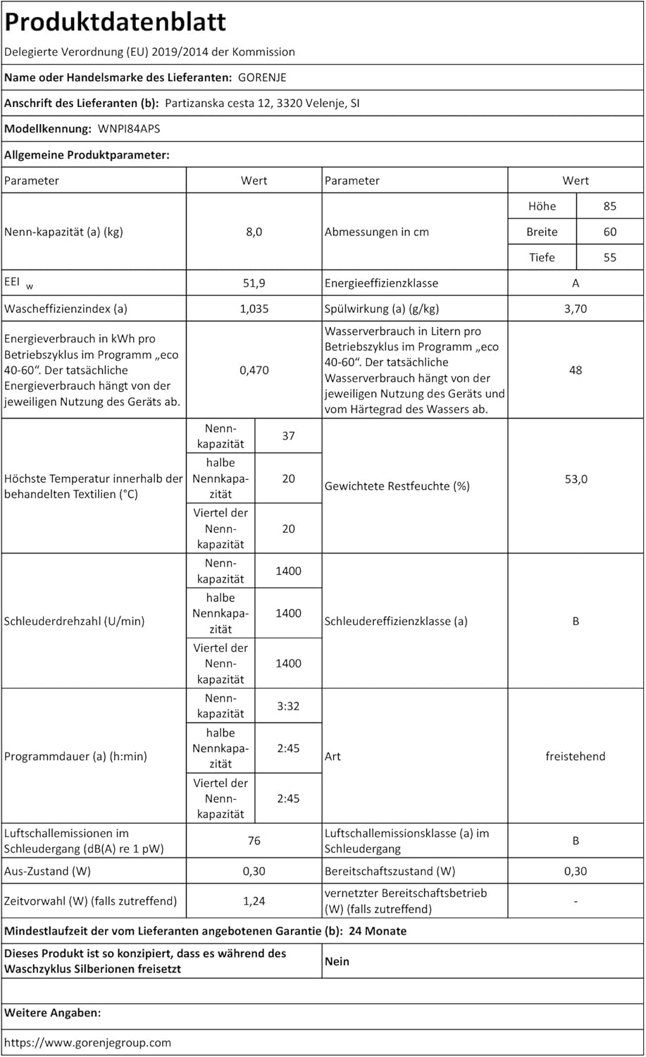 GORENJE WNPI84APS Waschmaschine LED Display Inverter PowerDrive Motor AquaStop Dampffunktion 16 Programme