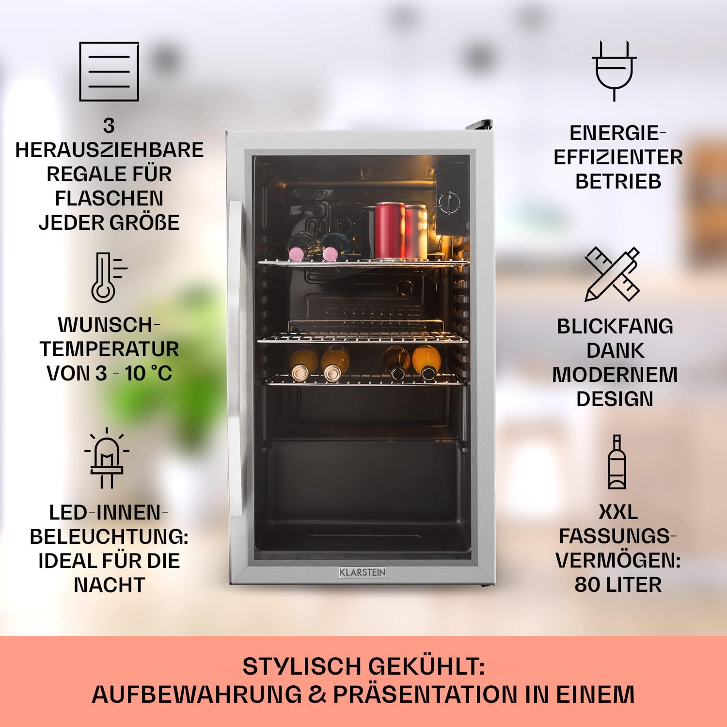 Klarstein Mini Kühlschrank mit Glastür für Zimmer, Getrnkekühlschrank mit Verstellbaren Ablagen, Kleiner 80 Liter, Indoor/Outdoor Kühlschrank Leise