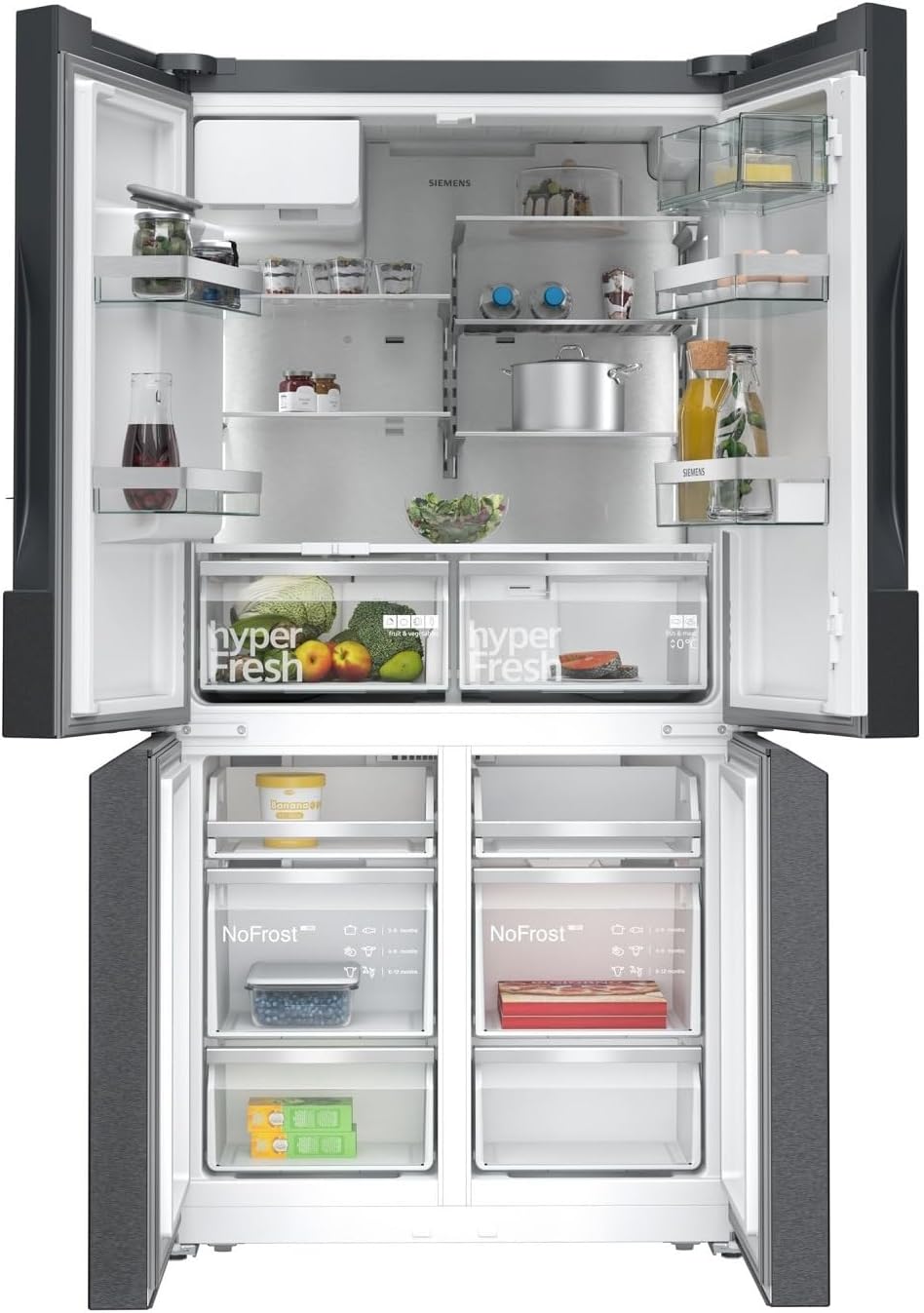 SIEMENS KF96NVPEA iQ300 Multi-Door-Kühlschrank, 183 x 91 cm, 405 L Kühlen & 200 L Gefrieren, hyperFresh längere Frische, noFrost nie wieder abtauen, superCooling schnellere Kühlung