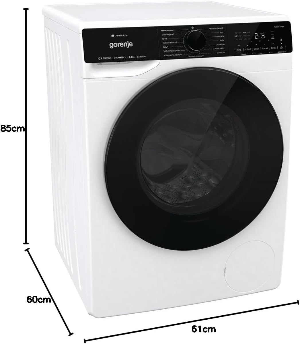 Gorenje WPNA 84 SATSWIFI Waschmaschine mit Dampffunktion / 8 kg / 1400 U/Slim Line/ConnectLife WiFi/Total AuaStop/Inverter PowerDrive Motor/Edelstahltrommel/Kindersicherung/EEK A