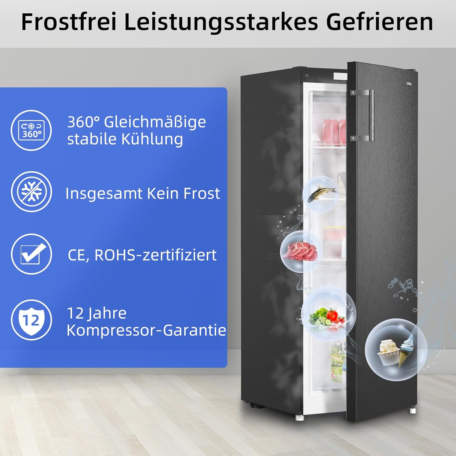 CHIQ Gefrierschrank FSD160D4E | Wechselbarer Türanschlag | Sehr Leise 41 DB (145L Manuelle Abtauung)| 12 Jahre Garantie auf den Kompressor*| 126 x 54 x 55 cm (HxBxT)