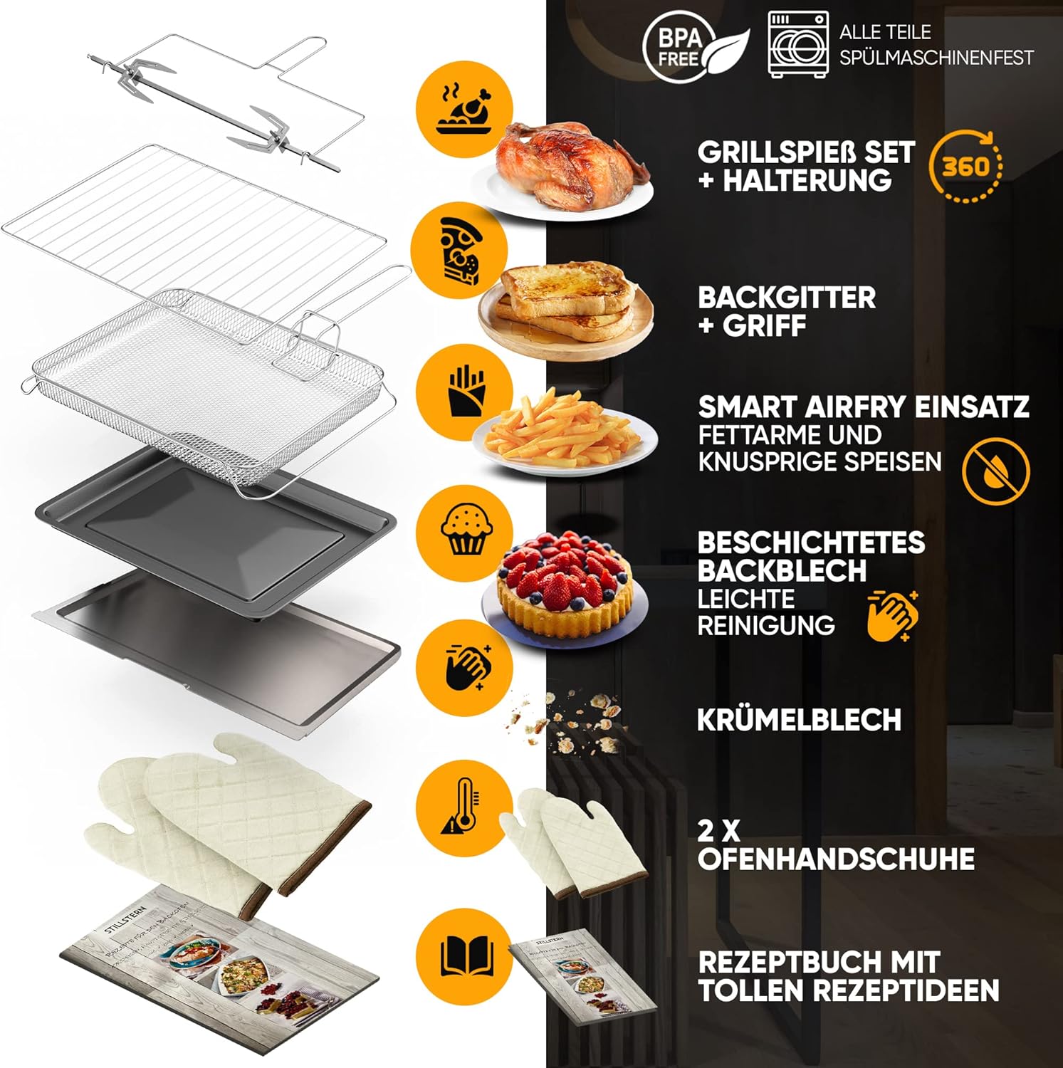Stillstern Minibackofen mit Umluft (35L) DE Version, Pizza Ø28cm, NEU: CYCLONE PRO+ (Antihaftbeschichtung), 13 Programme, Auftauen&Warmhalten, 8h Timer, Rezeptheft, Mini Backofen Pizzaofen Grill