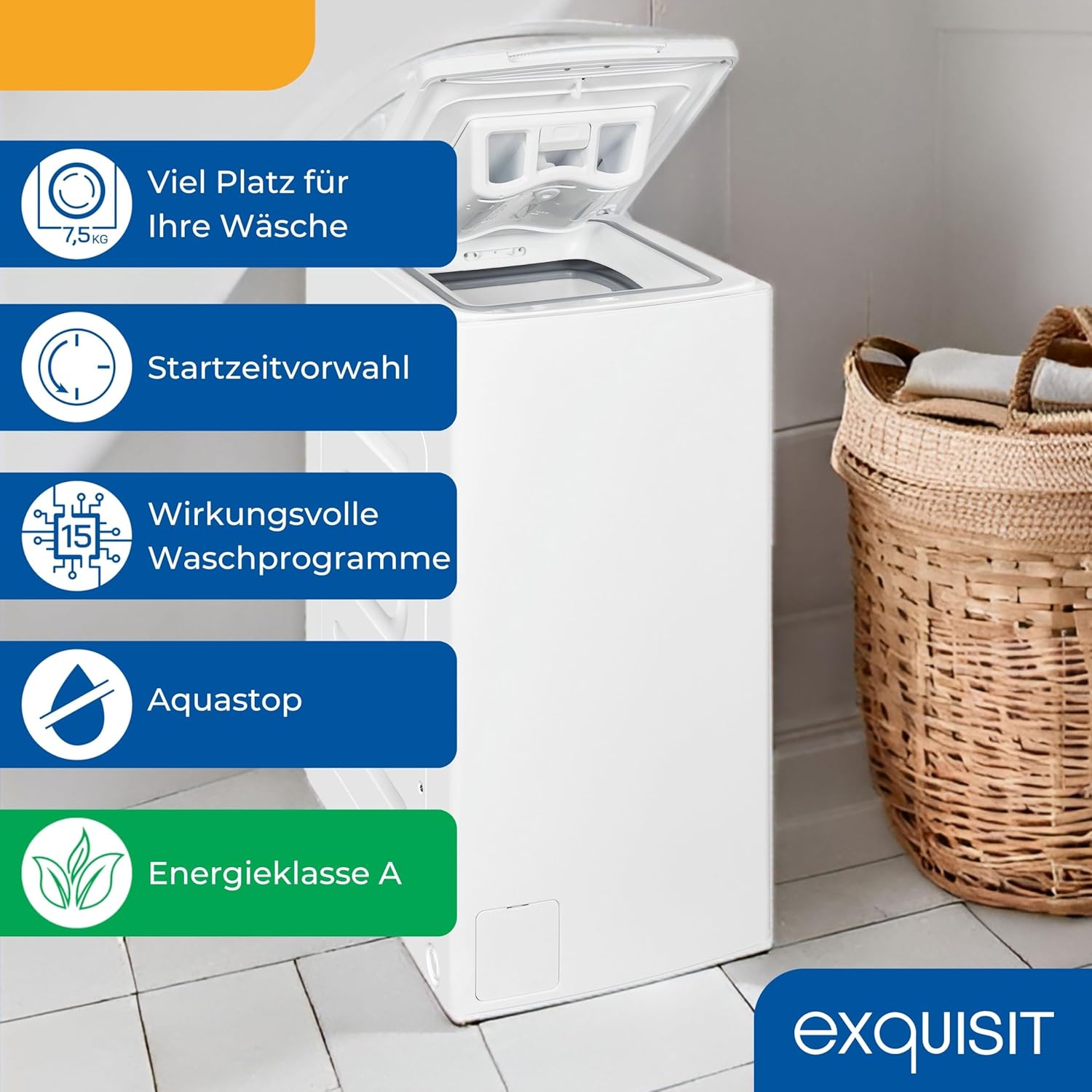 Exquisit Toplader Waschmaschine, 7,5kg Füllmenge, Waschmaschine schmal, Energieklasse A, 1200 U/Min, Startzeitvorwahl, Kurzprogramm, LTO51207-030A weiss