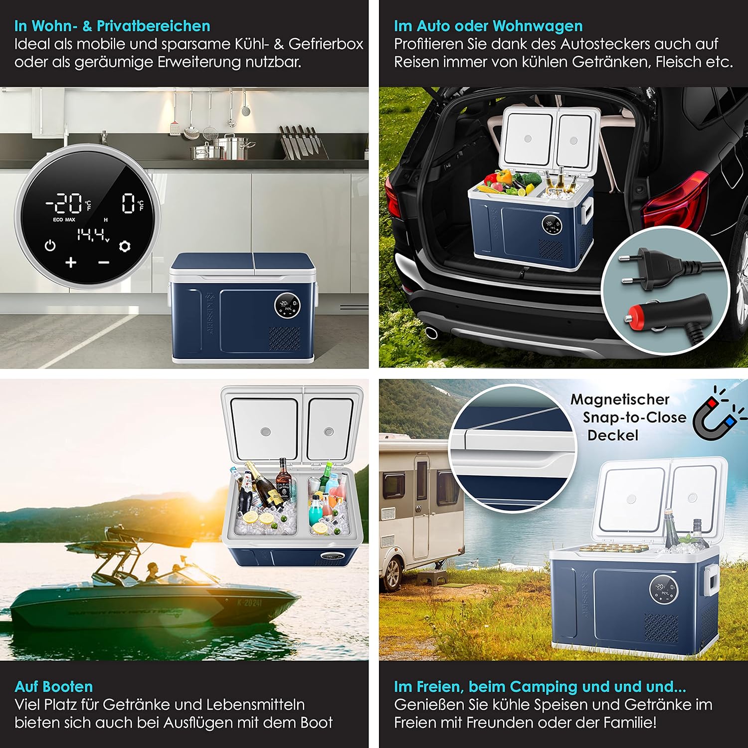 KESSER Kompressor Kühlbox 2in1 Doppelzone Kühl & Gefrierfach elektrische Gefrierbox mit 2x Kühlakkus & LED-Touch-Bedienung | Kühlschrank Kühlung bis -20 °C für Camping, Auto, Lkw 12/24V 230V