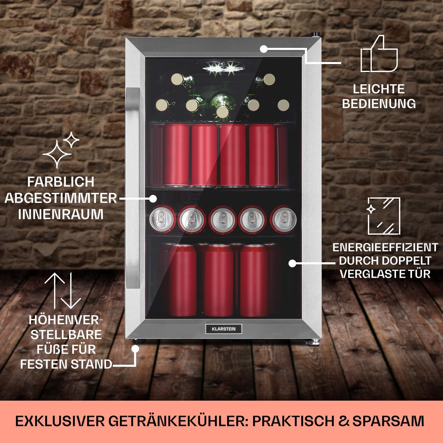 Klarstein Kühlschrank 70L, Kleiner Kühlschrank mit Herausnehmbaren Ablagen, Leiser Mini Kühlschrank mit Glastür & LED, Getränkekühlschrank Klein, Outdoor Geeignet, Biersafe für Flaschen, 0-10°C