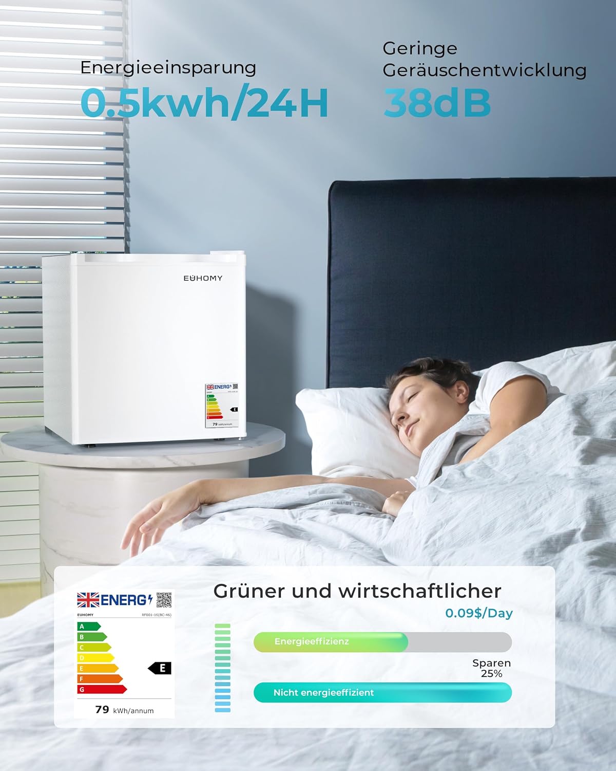 EUHOMY 46L Mini-Kühlschrank mit Umkehrbarer Tür, 7-Stufen Thermostat + Kühlbox, 39dB Ultra-Leise Kühlschrank klein für Schlafzimmer/Büro, Energieeffizient, Kompakt (Schwarz)