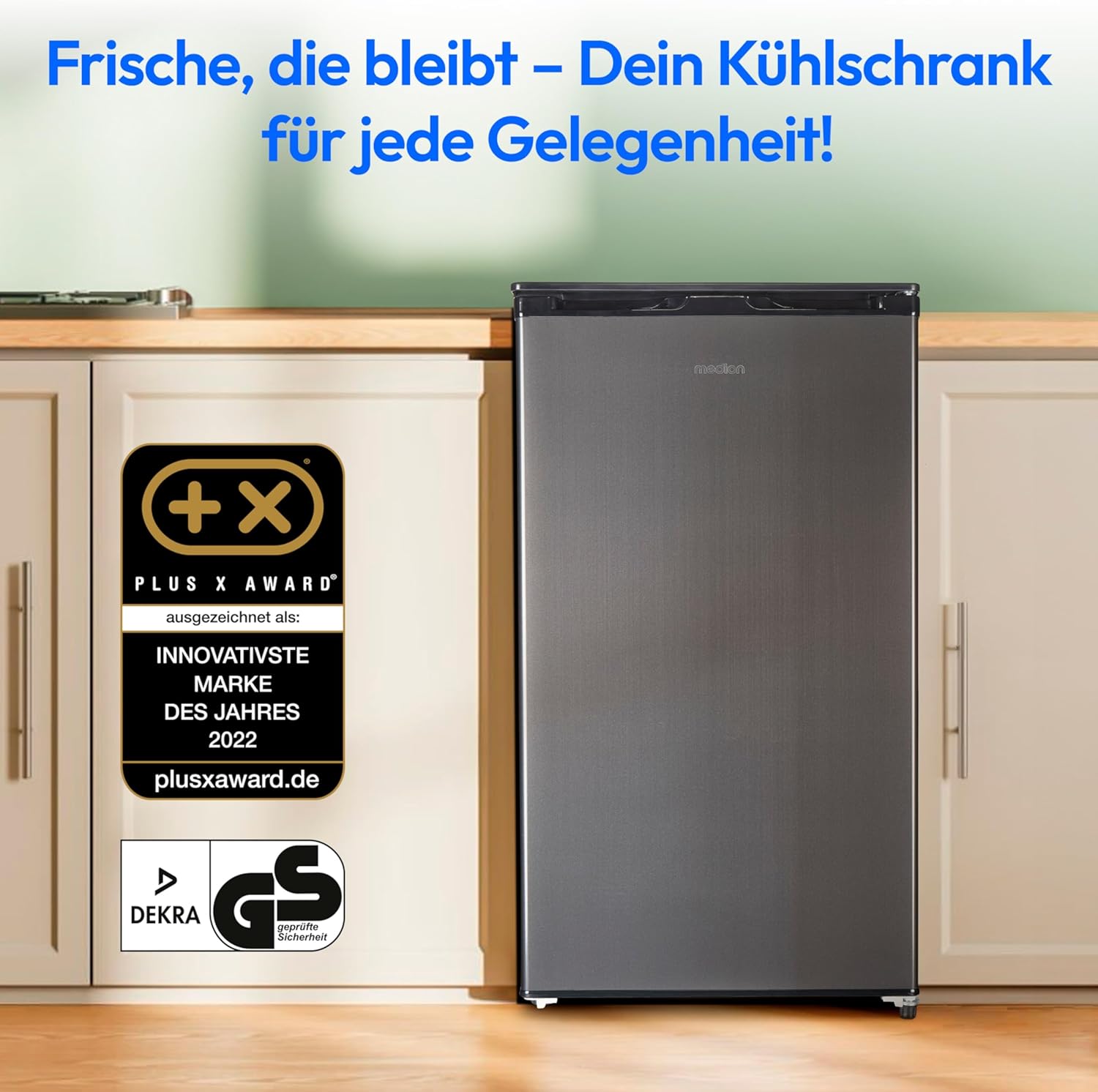 MEDION Kühlschrank mit Eiswürfelfach (90L Gesamt-Nutzinhalt 80L Kühlteil 10L Eiswürfelfach, transparente Gemüseschublade, freistehend, wechselbarer Türanschlag, höhenverstellbare Füße, MD37690) grau