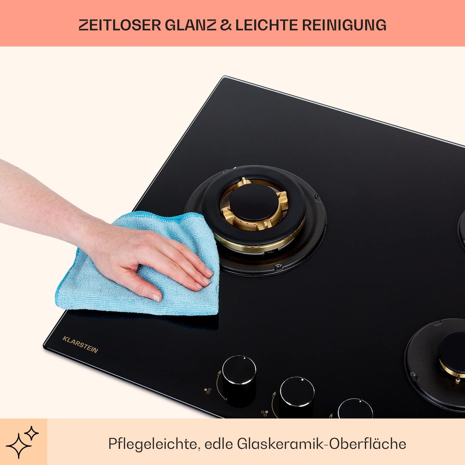 Klarstein Gasherd, Gaskochfeld 4 Flammig, Einbau-Gaskocher für Zuhause & Wohnmobil, Campingkocher mit Glasplatte, Gasherd für Propan- und Erdgas, Edelstahl Gas-Herdplatte Wok Brenner 8000 Watt