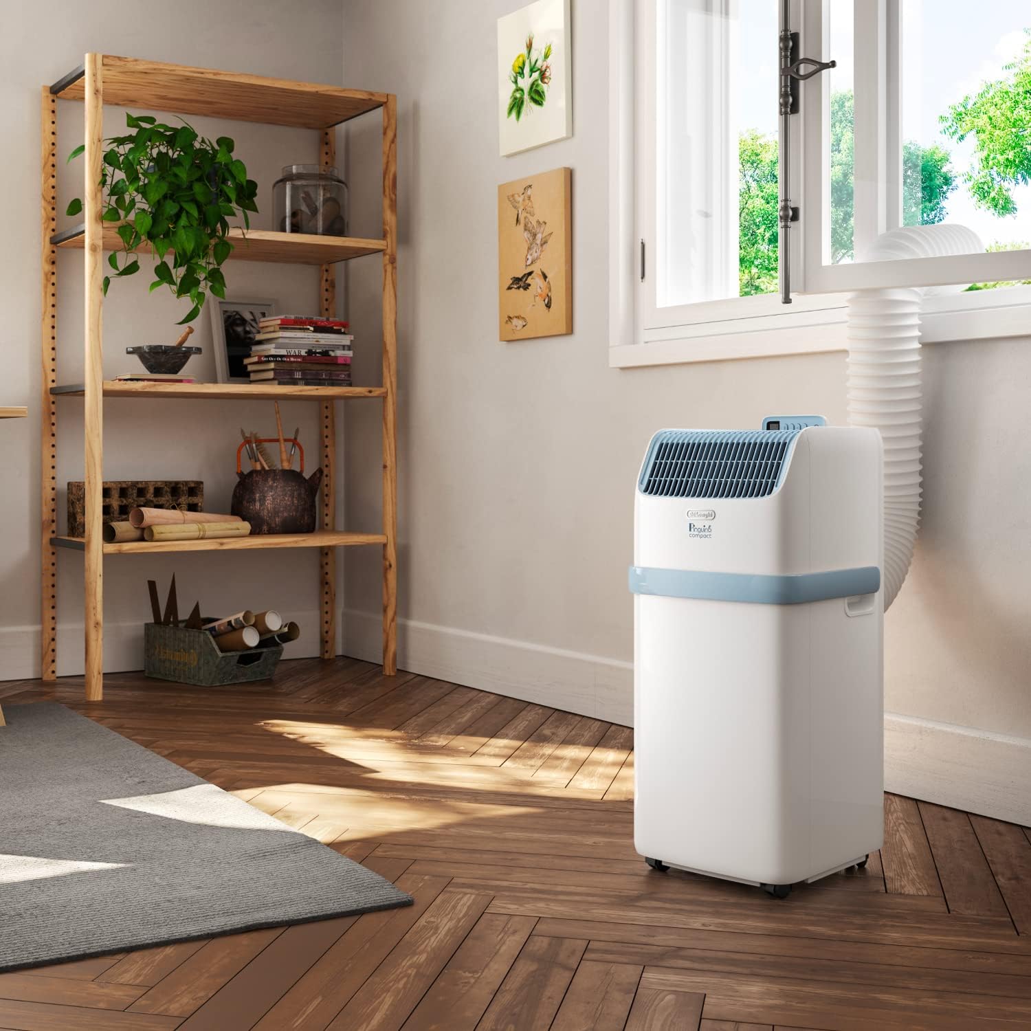 De'Longhi Pinguino PAC EM82, Mobile Klimaanlage für Räume bis zu 80 m³, 9.400 BTU, 2,4 kW, 63 dB, Entfeuchtungsfunktion, Energieklasse A, 24h-Timer, Weiß