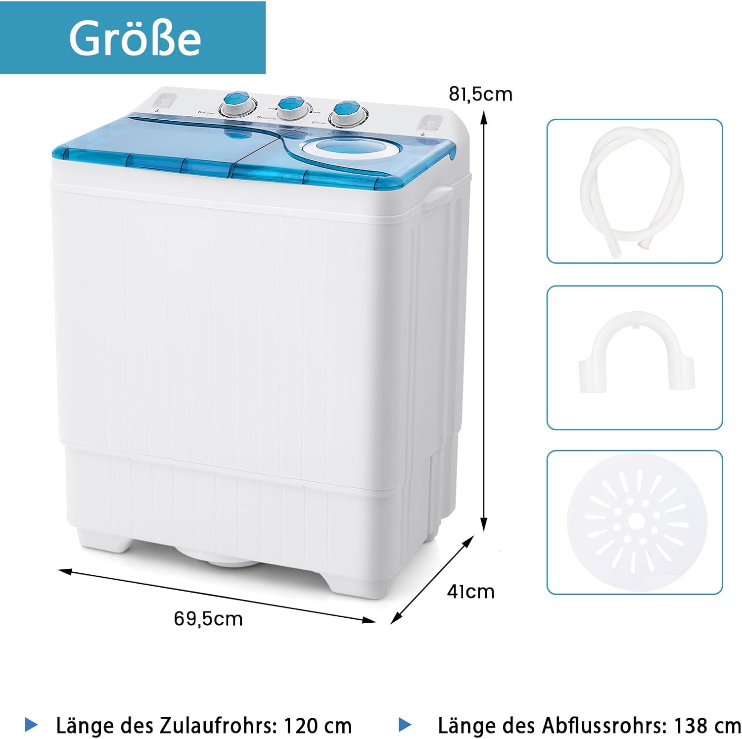 GOPLUS Toplader Waschmaschine 6,5KG, Waschmaschine mit 2 Kammern, Timer-Funktion, Waschautomat mit 2KG Schleuderkapazität, inkl. Ablaufpumpe, für kleine Wohnungen (Blau)