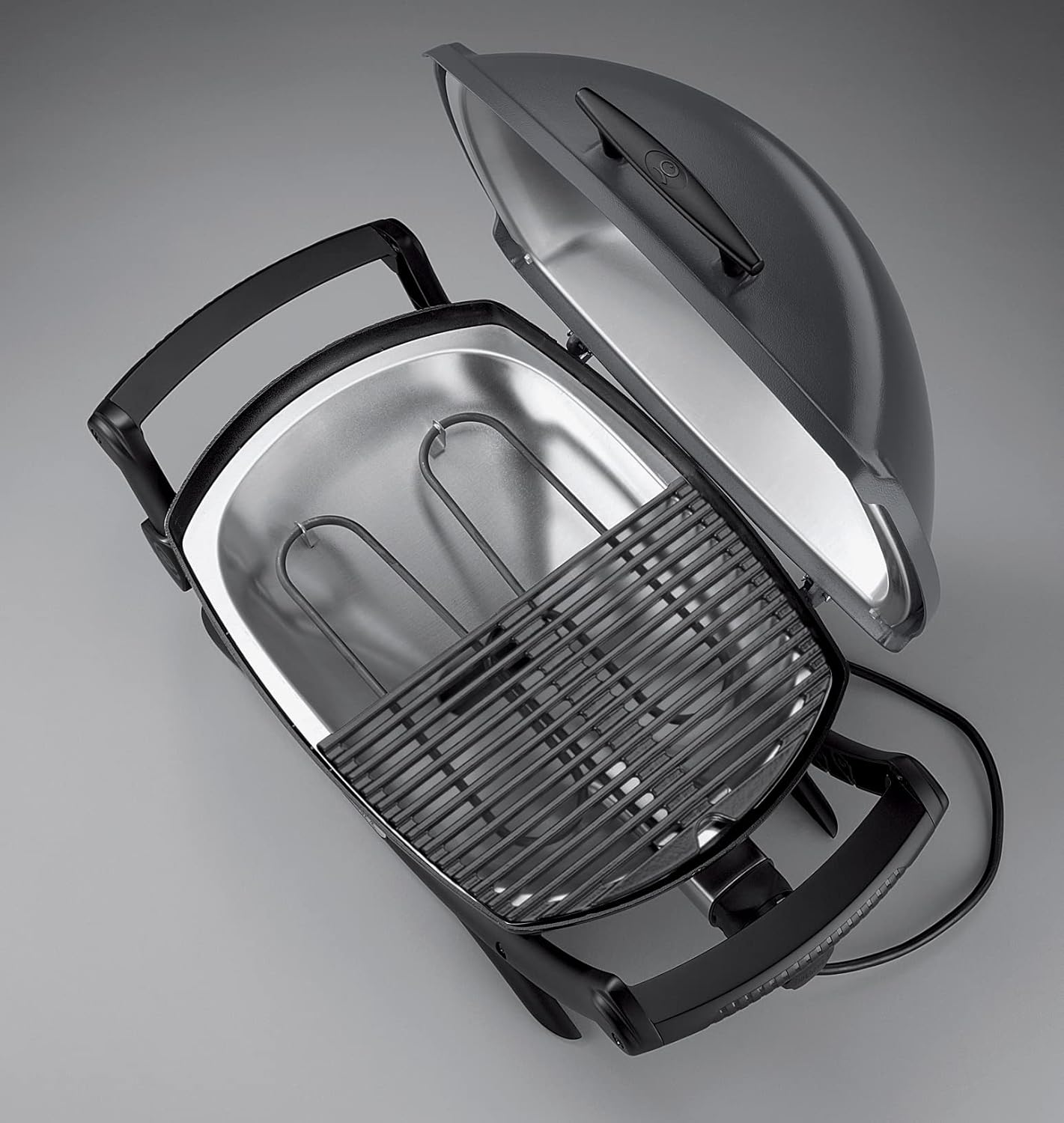 Weber Q2400 Elekrogrill mit Stand + Seitentischen, 54 x 39cm Grillfäche, portable, 2-geteilter porzellanemaillierter Guss-Grillrost, Aluminiumguss Deckel & Gehäuse - Dark Grey (55020879)