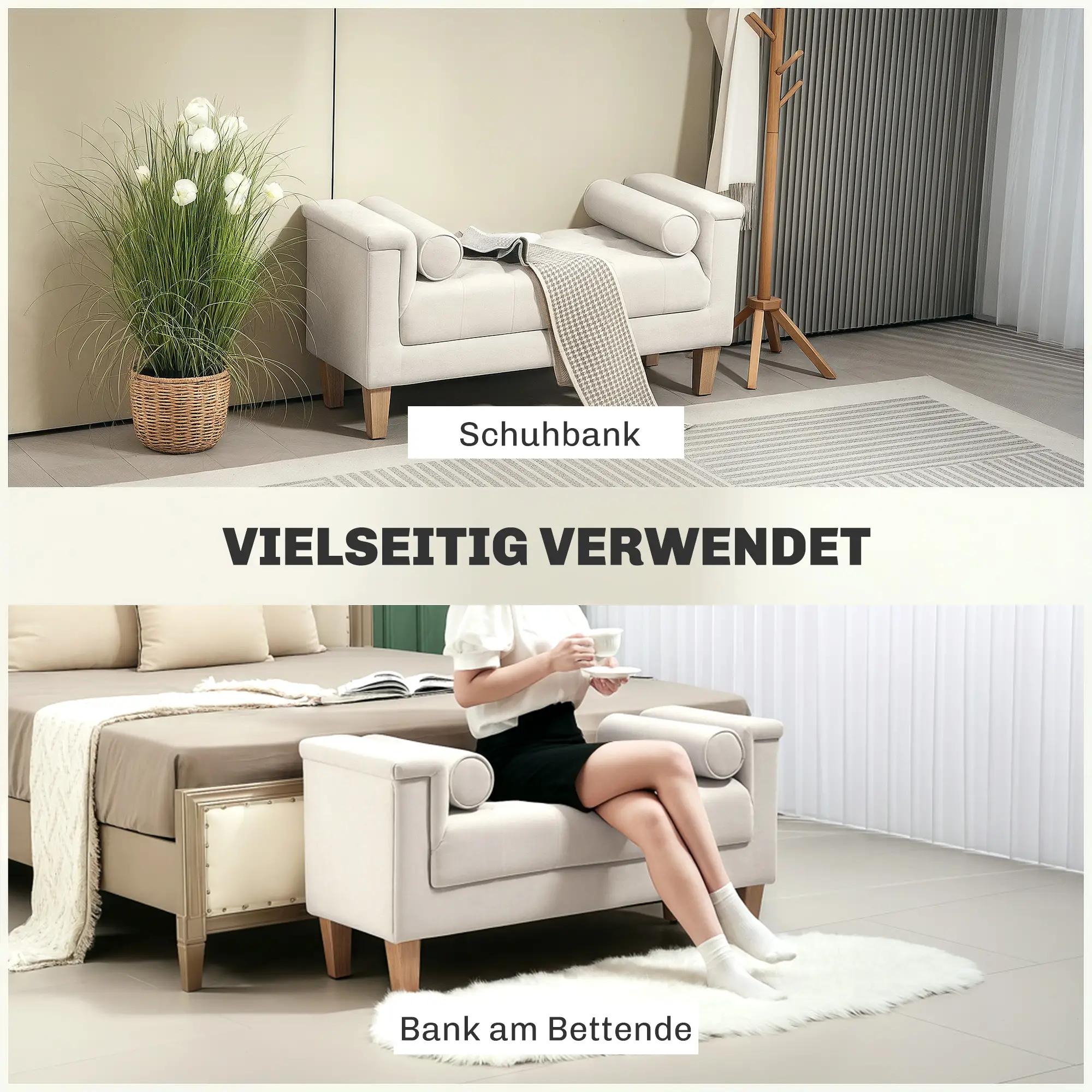 HOMCOM Polsterbank Vintage-Design Chenille Komfort Armlehne Beige