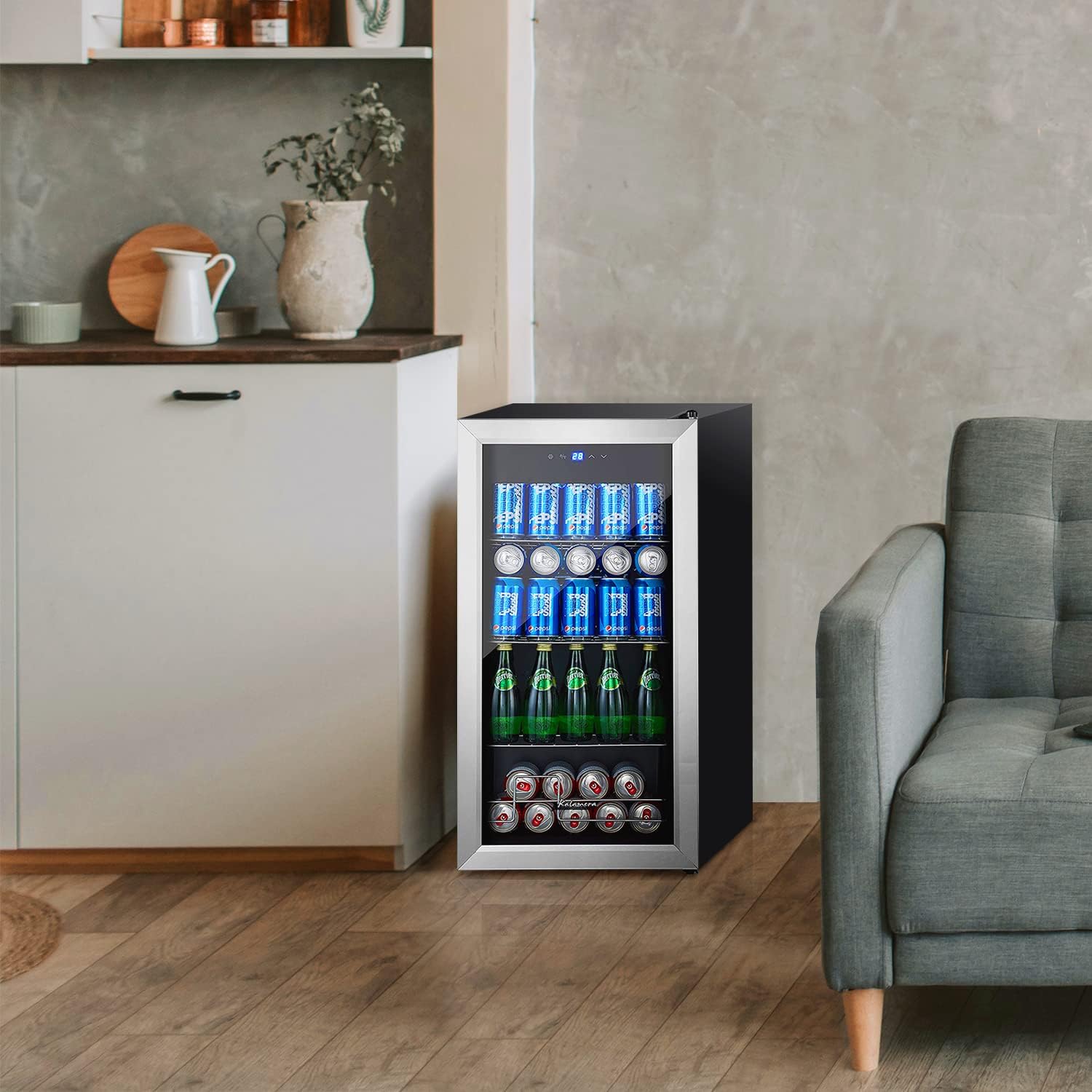 Kalamera Getränkekühlschrank, Bierkühlschrank mit Touch-Bedienfeld, 3-18°C Kühlzone, Flaschenkühlschrank 86 Liter, Blaue LED-Innenbeleuchtung, 41 dB, KRC-86GE