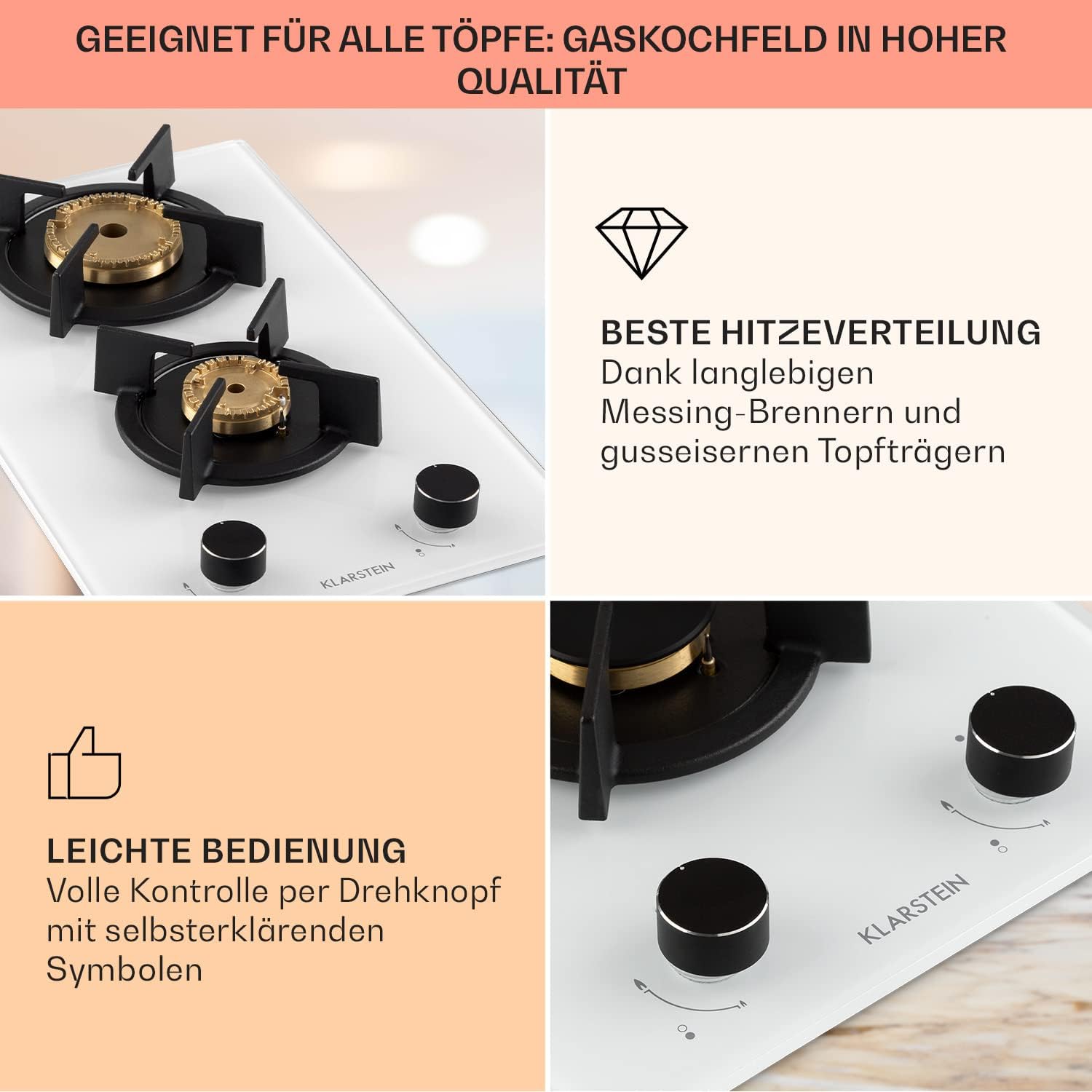 Klarstein Gasherd, Gaskochfeld 4 Flammig, Einbau-Gaskocher für Zuhause & Wohnmobil, Campingkocher mit Glasplatte, Gasherd für Propan- und Erdgas, Edelstahl Gas-Herdplatte Wok Brenner 8000 Watt