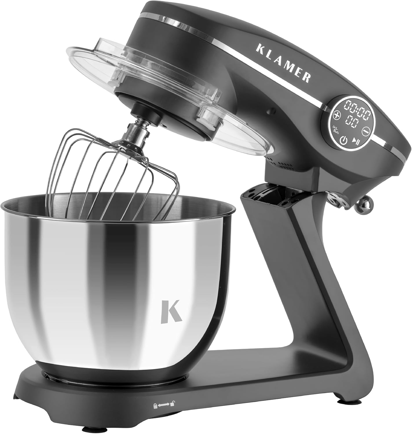 KLAMER Küchenmaschine 1800W, Knetmaschine mit 6 Liter Edelstahl Schüssel, 10 Geschwindigkeitsstufen mit Timer, Rührbesen, Knethaken, Schneebesen und Spritzschutz