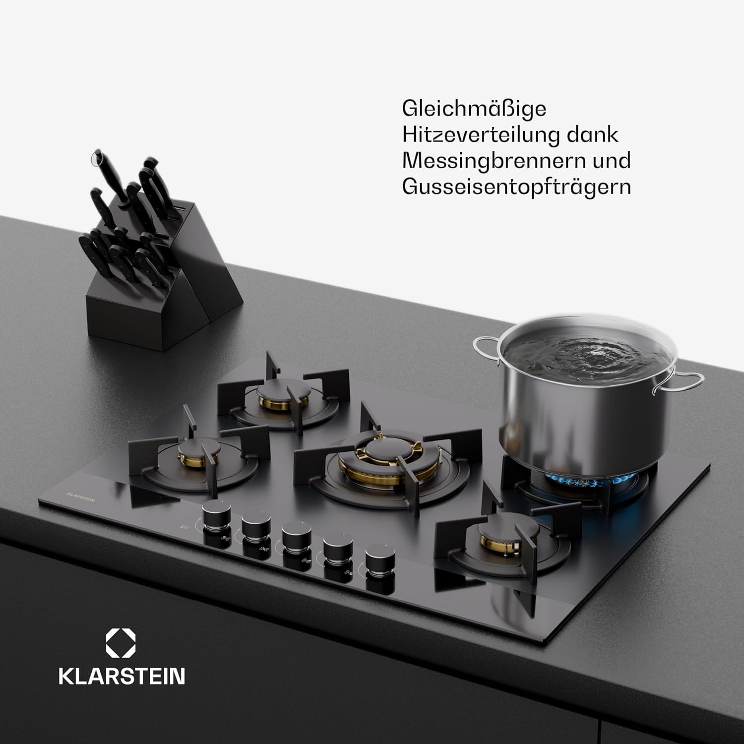 Klarstein Gasherd, Gaskochfeld 5 Flammen, Einbau-Gaskocher für Zuhause & Wohnmobil, Campingkocher mit Glasplatte, Gasherd für Propan- und Erdgas, Edelstahl Gas-Herdplatte Wok Brenner 10400 Watt