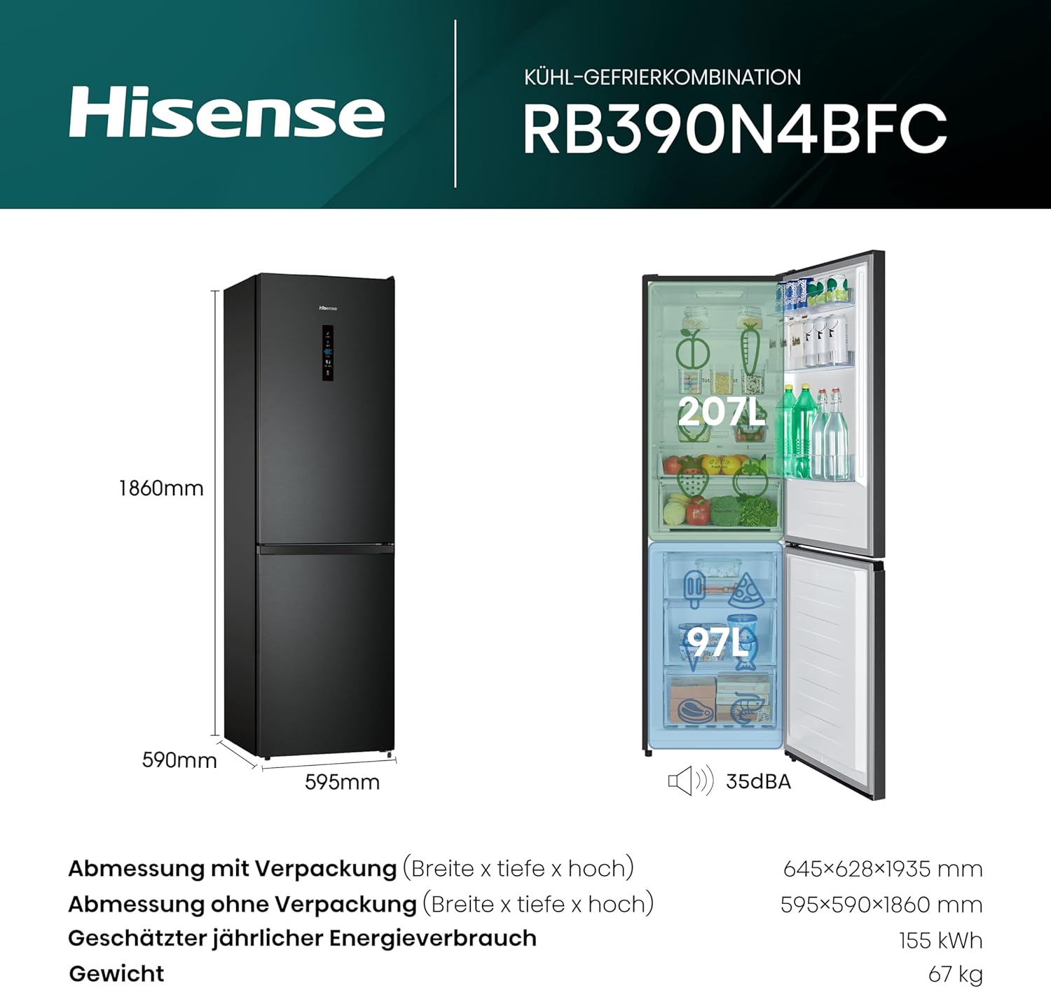 Hisense RB327N4AD2 Kühl-Gefrierkombination/ NoFrostPlus/ Multiflow 360°/ HolidayMode/ FreshZone/ 182,4 cm/ Kühlteil 171 l/ Gefrierteil 85 l/ 41 dB/ 287 kWh/ Jahr/ Edelstahl-Look