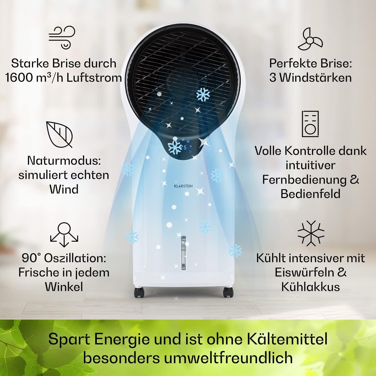 Klarstein Luftkühler mit Wasserkühlung, 3-in-1 Verdunstungskühler, Luftbefeuchter & Ventilator, Mobile Klimageräte Luftkühler mit 5,5L Tank, 90W Air Cooler mit Nachtmodus, 1600m³/h Luftstrom