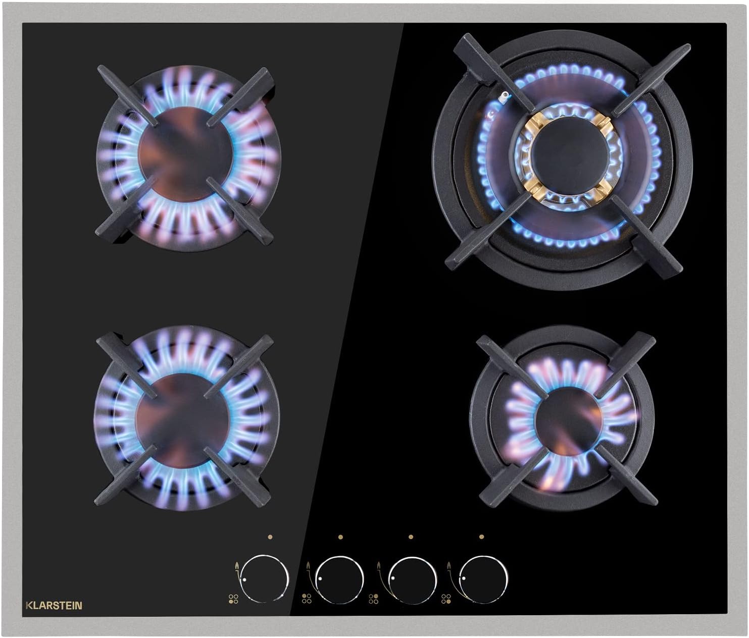 Klarstein Gasherd, Gaskochfeld 4 Flammig, Einbau-Gaskocher für Zuhause & Wohnmobil, Campingkocher mit Glasplatte, Gasherd für Propan- und Erdgas, Edelstahl Gas-Herdplatte Wok Brenner 8000 Watt