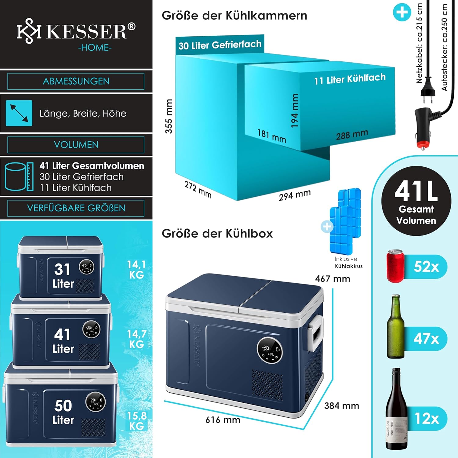 KESSER® Kompressor Kühlbox 2in1 Doppelzone Kühl & Gefrierfach elektrische Gefrierbox mit 2x Kühlakkus & LED-Touch-Bedienung | Kühlschrank Kühlung bis -20 °C für Camping, Auto, Lkw 12/24V 230V