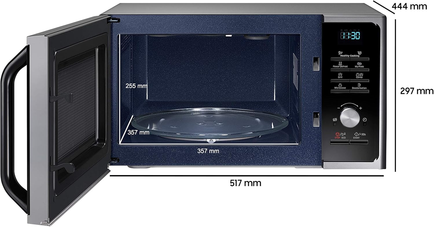 Samsung MG2BF303TCS/EG Mikrowelle mit Grill, 900 W, 28 ℓ Garraum (Extra groß), 51,7 cm Breite, Power Defrost, 26 Automatikprogramme, Silber