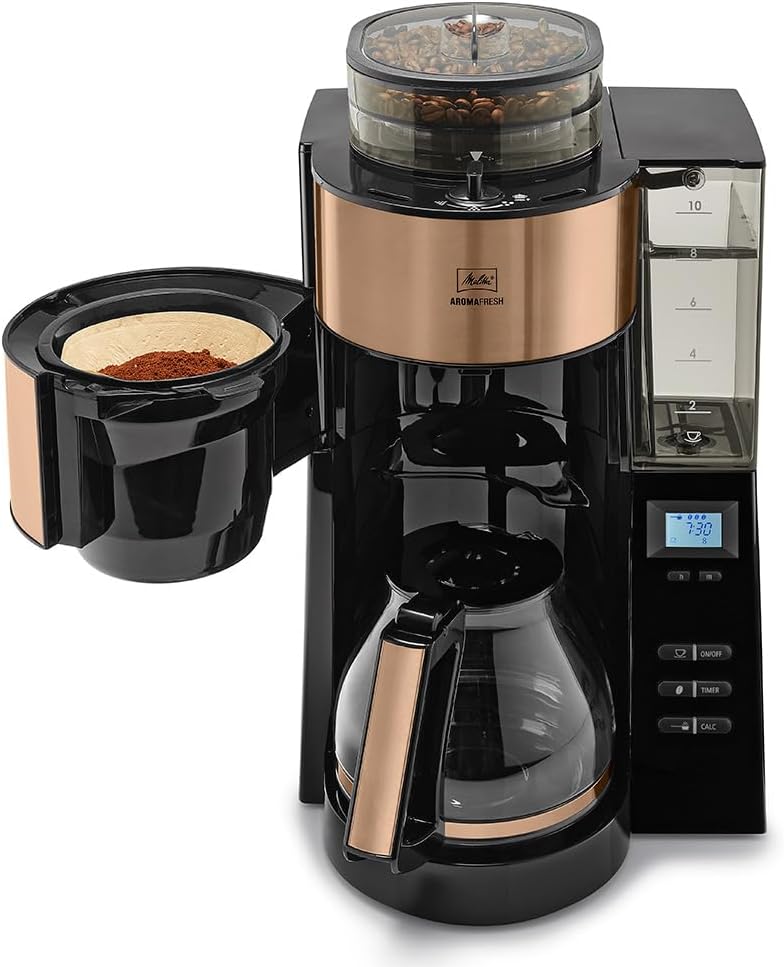 Melitta AromaFresh - Filterkaffeemaschine - mit Glaskanne - integriertes Mahlwerk - Timer Funktion - 10 Tassen - Pure Black