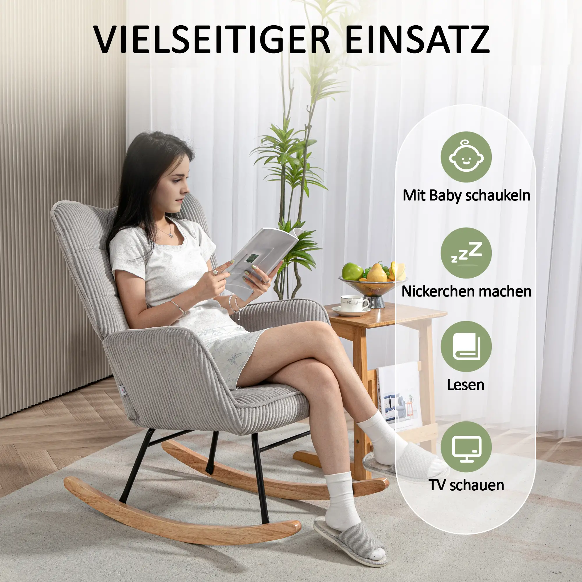 HOMCOM Schaukelstuhl Kordoptik Holzkufen Relaxsessel dunkelgrün