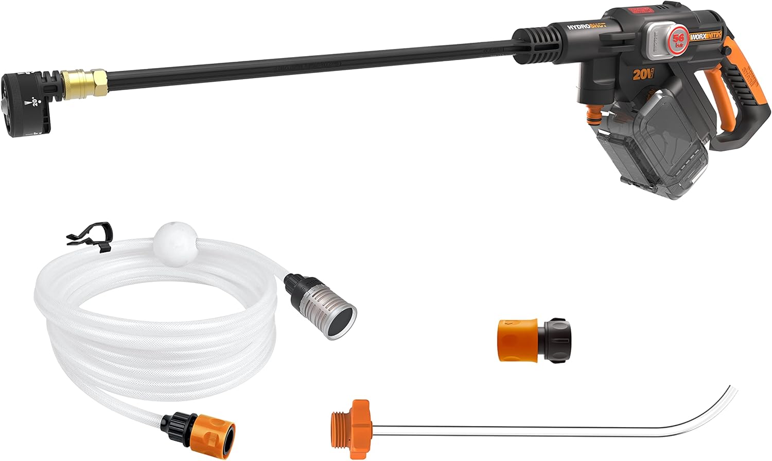 WORX WG633E Hydroshot Akku-Hochdruckreiniger 20V - 56 Bar Max. Druck - multifunktional zur Reinigung & Bewässerung - leistungsstarker bürstenloser Motor - 5-in-1 Druckdüse - inkl. 4Ah Akku & Ladegerät
