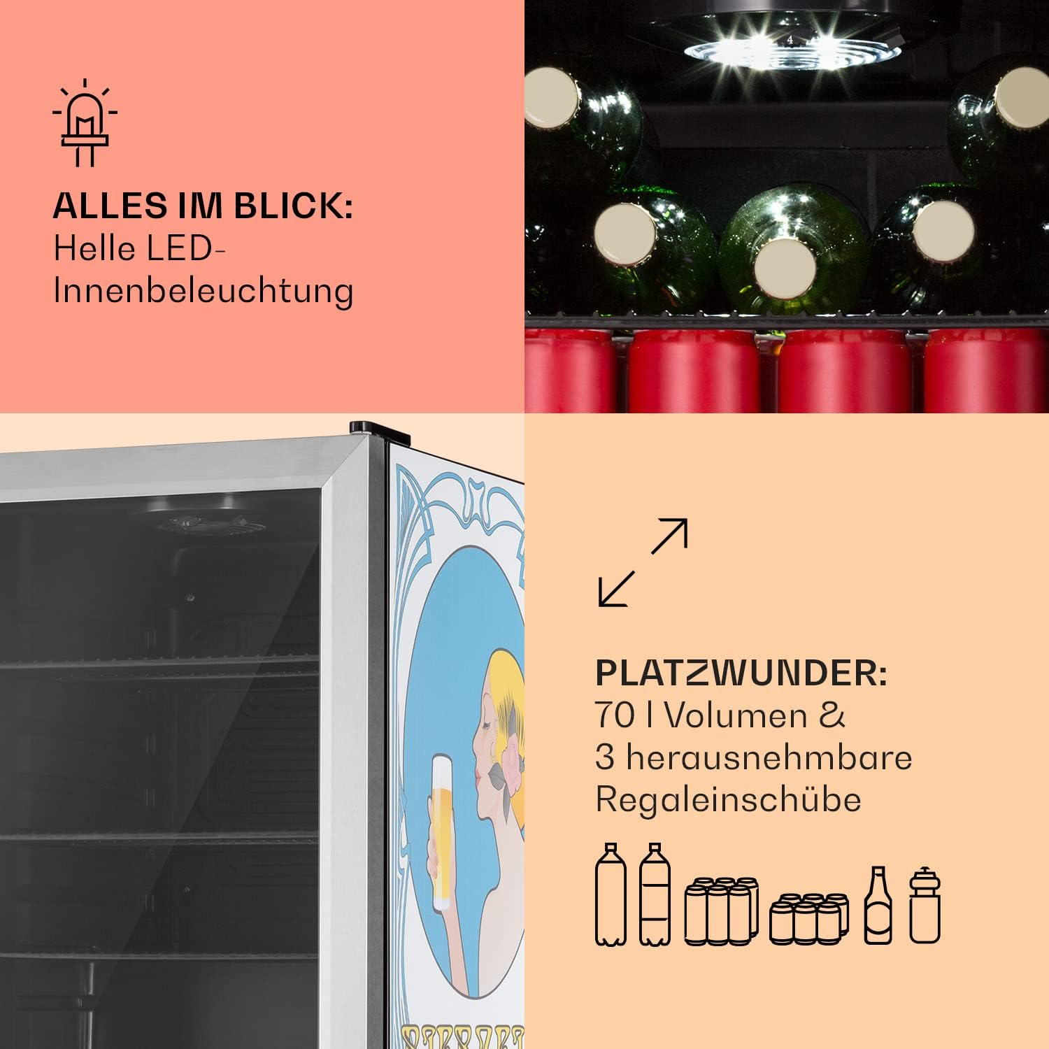 Klarstein Kühlschrank 70L, Kleiner Kühlschrank mit Herausnehmbaren Ablagen, Leiser Mini Kühlschrank mit Glastür & LED, Getränkekühlschrank Klein, Outdoor Geeignet, Biersafe für Flaschen, 0-10°C