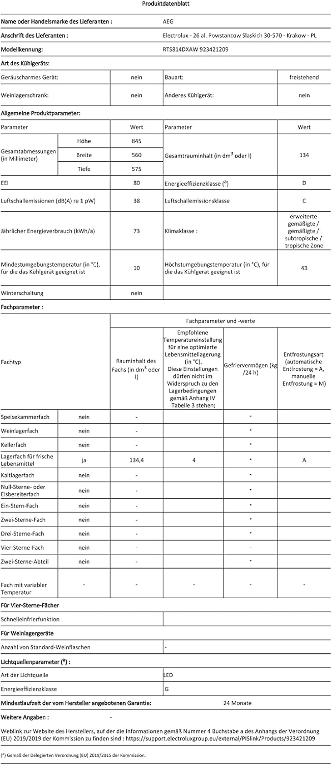 AEG RTS814DXAW Freistehender Tisch-Kühlschrank / 845 mm / 134 L / D