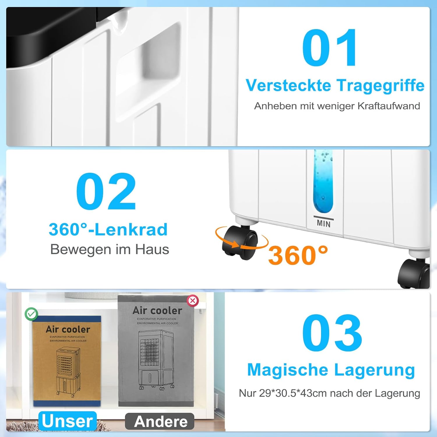 Klimagerät ohne Abluftschlauch, 12L 60W Klimaanlage Mobil mit 12H Timer, 3 Modus, 40dB, 120°Oszillation, Abnehmbare Wassertank, Fernbedienung, Leise Luftkühler Air Conditioner für Wohnung Zimmer Räume