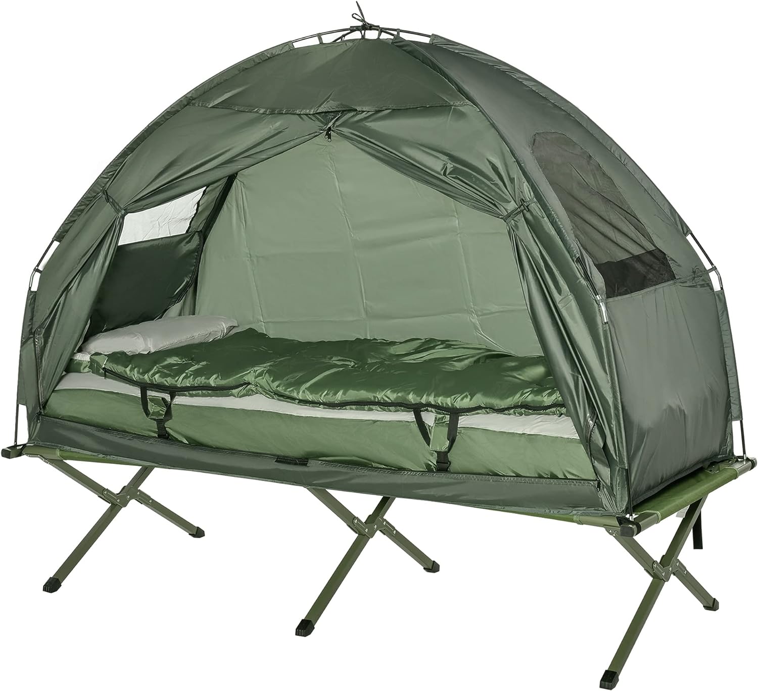 Outsunny Feldbett 4 in 1 Camping Set mit Zelt Schlafsack Matratze faltbar, Dunkelgrün