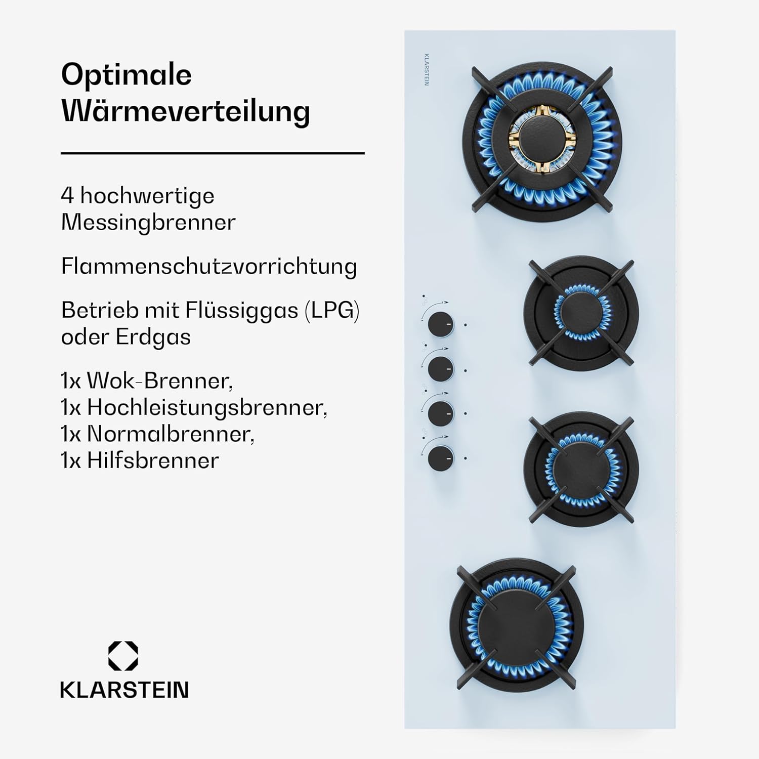 Klarstein Gasherd, Gaskochfeld 5 Flammen, Einbau-Gaskocher für Zuhause & Wohnmobil, Campingkocher mit Glasplatte, Gasherd für Propan- und Erdgas, Edelstahl Gas-Herdplatte Wok Brenner 10400 Watt